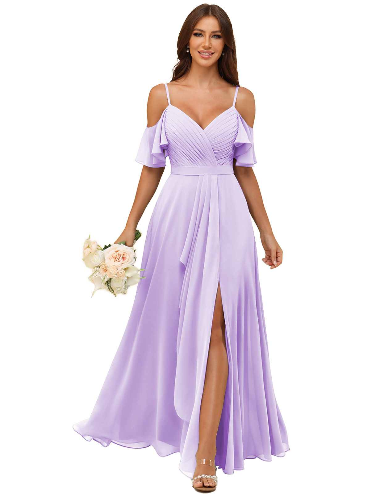 A-line V-neck Spaghetti Straps Chiffon Silt Bridesmaid Dress #BM2507214