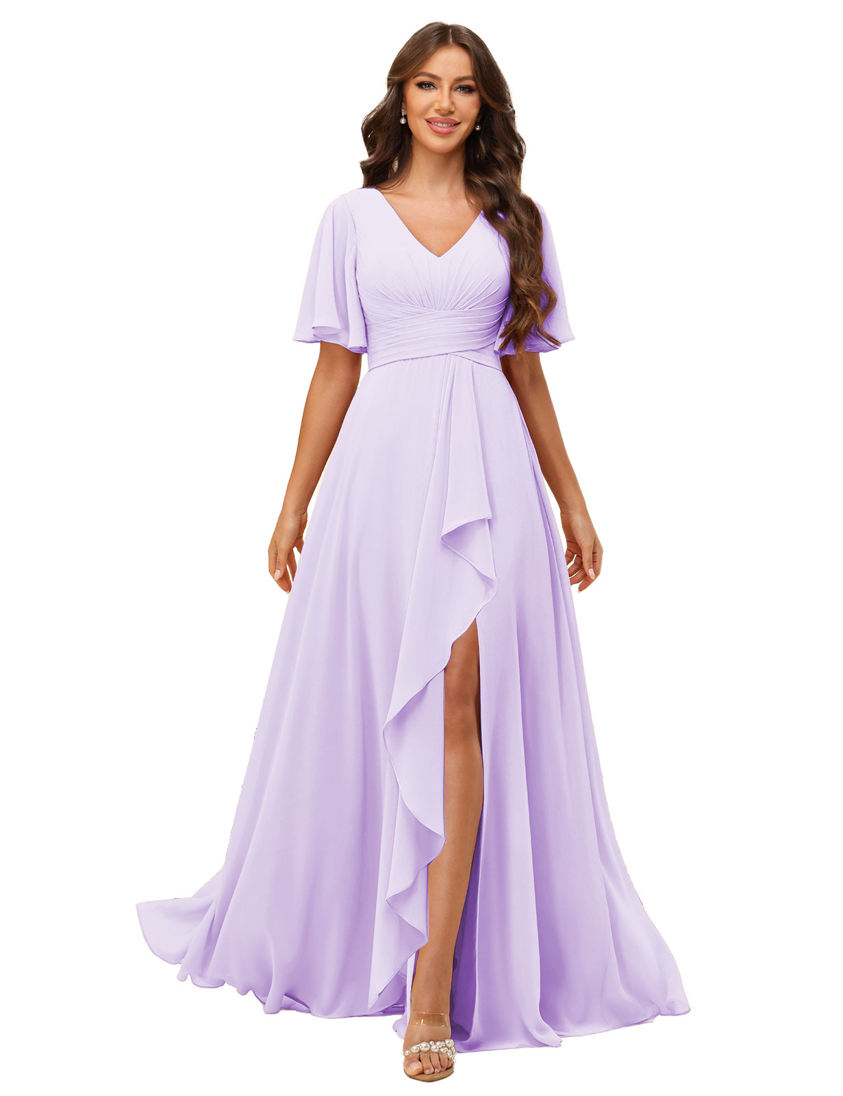 A-line V-neck Short Sleeves Chiffon Silt Bridesmaid Dress #BM2507137