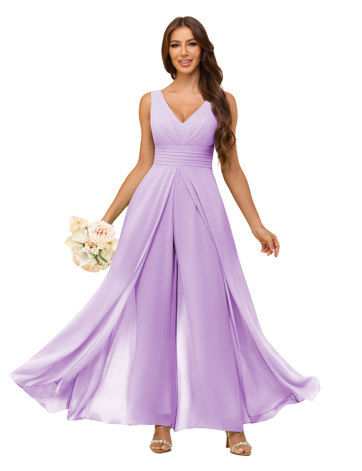 A-line V-neck Chiffon Straps V-back Bridesmaid Dress #PR2507216