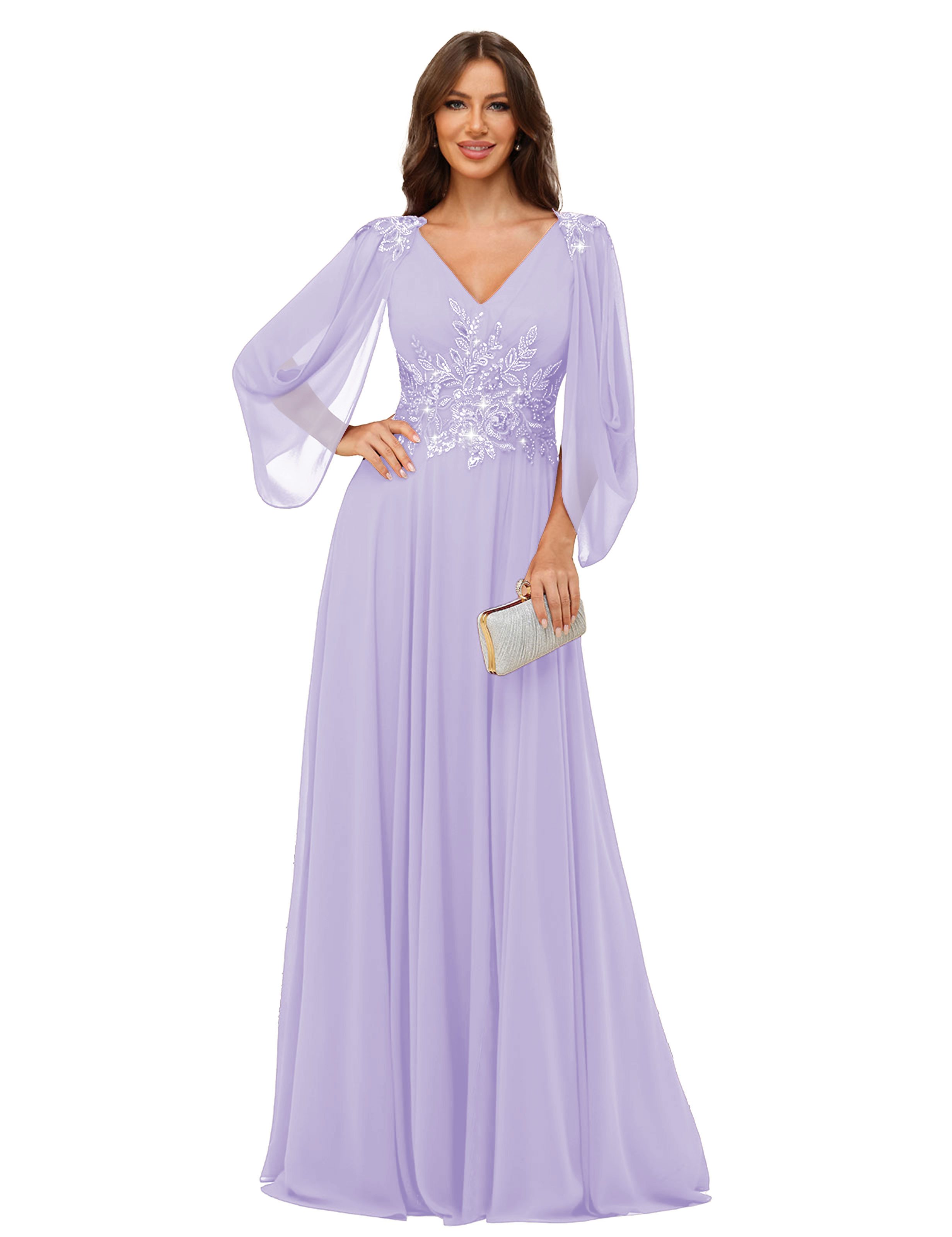 A-line V-neck Chiffon V-back Long Sleeves Mother of The Bride Dress #BM2501034