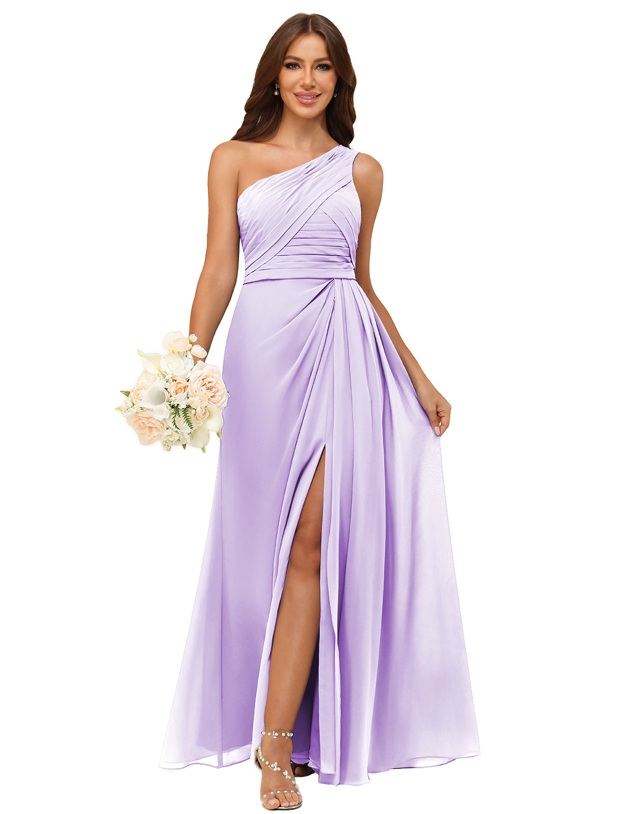 A-line One Shoulder Chiffon Silt Back Zip Bridesmaid Dress #BM2504122