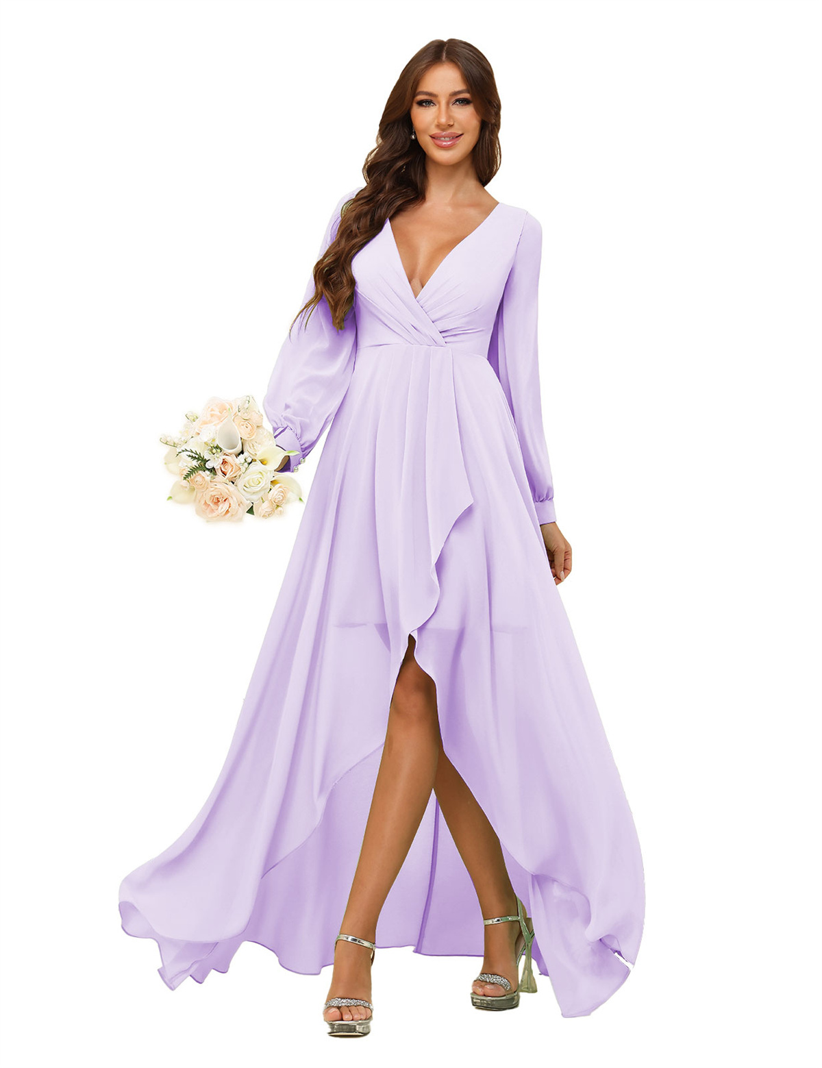 A-line Deep V-neck Chiffon Long Sleeves Bridesmaid Dress #BM2507136