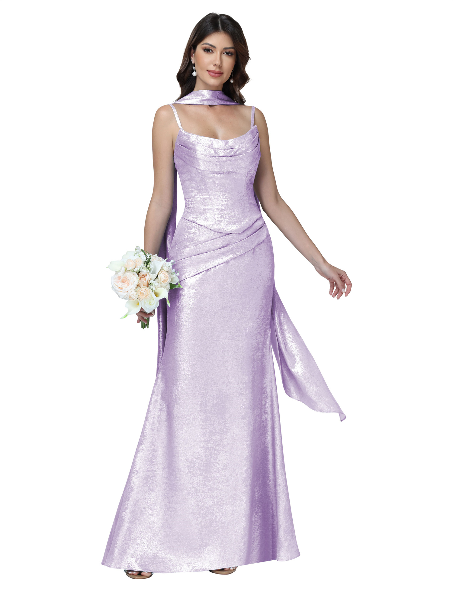 Mermaid Spaghttei Straps Prom Dress 2 Pieces Bridesmaid Dress with Scarf #BM2512054