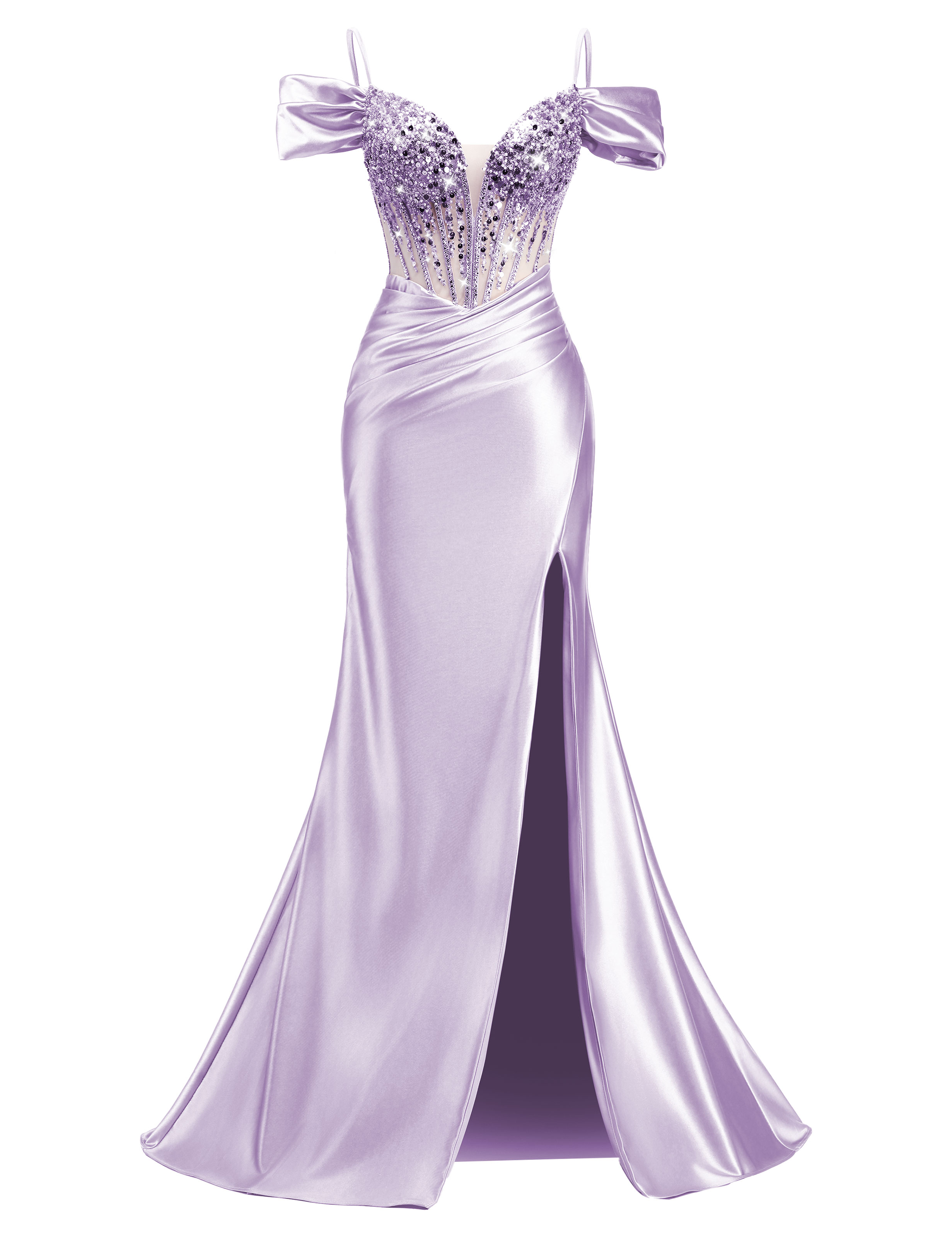 Mermaid V-neck Off Shoulder Beaded Sequin Satin Slit Prom Dress #PR2510014