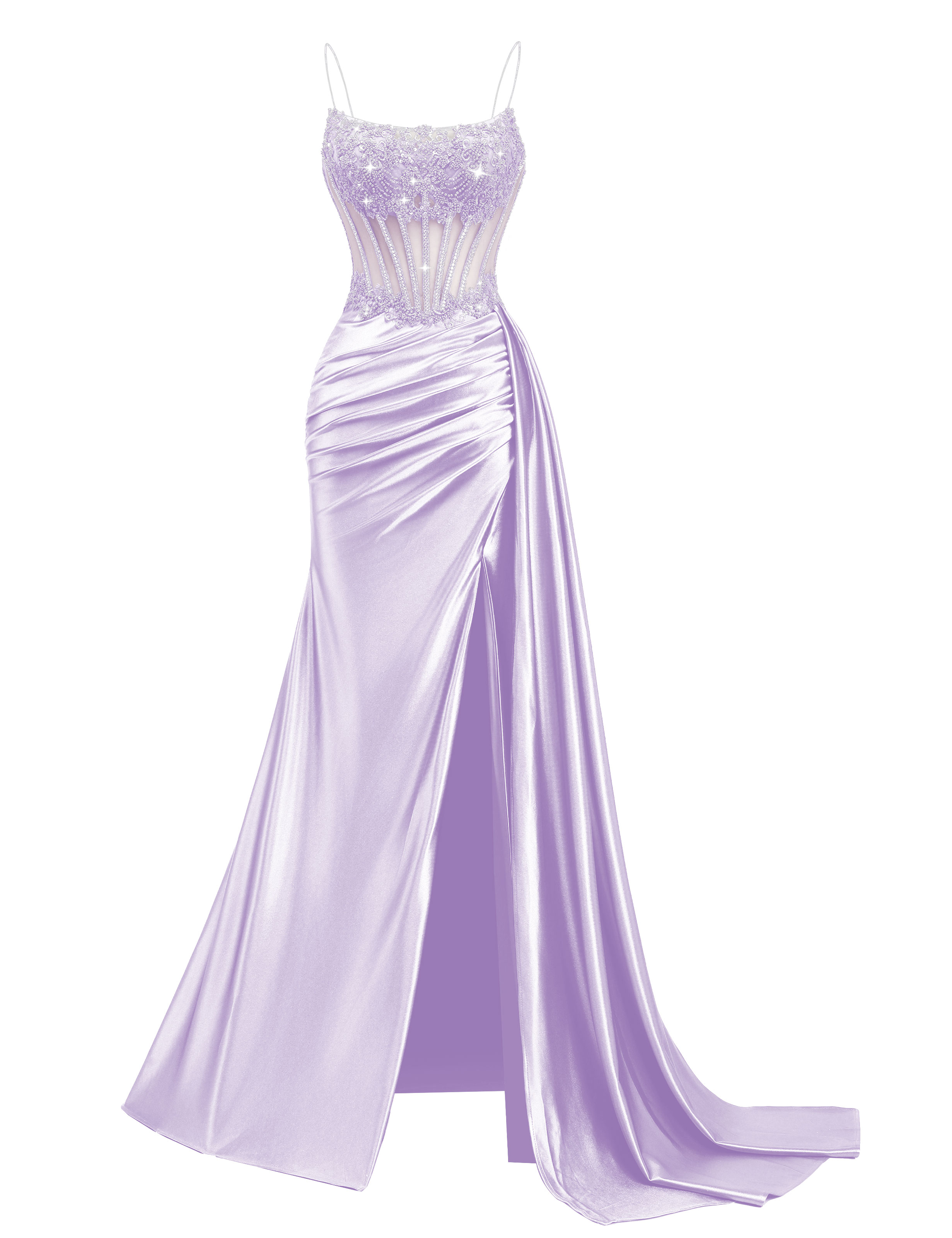 Mermaid Spaghetti Straps Pleated Satin Beaded Slit Prom Dress #PR2510011