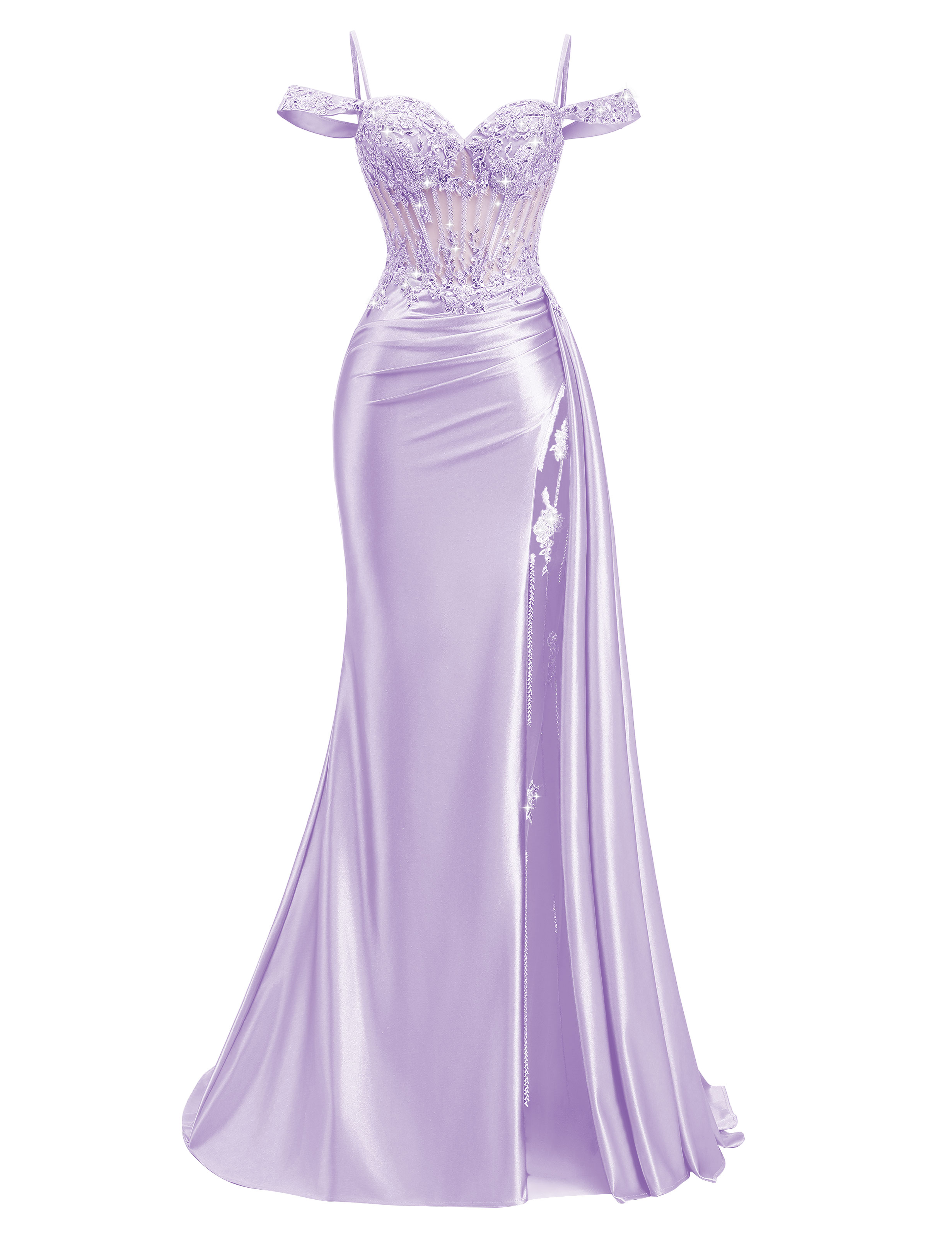Mermaid Off Shoulder Beaded Sequin Appliques Satin Slit Prom Dress #PR2510009