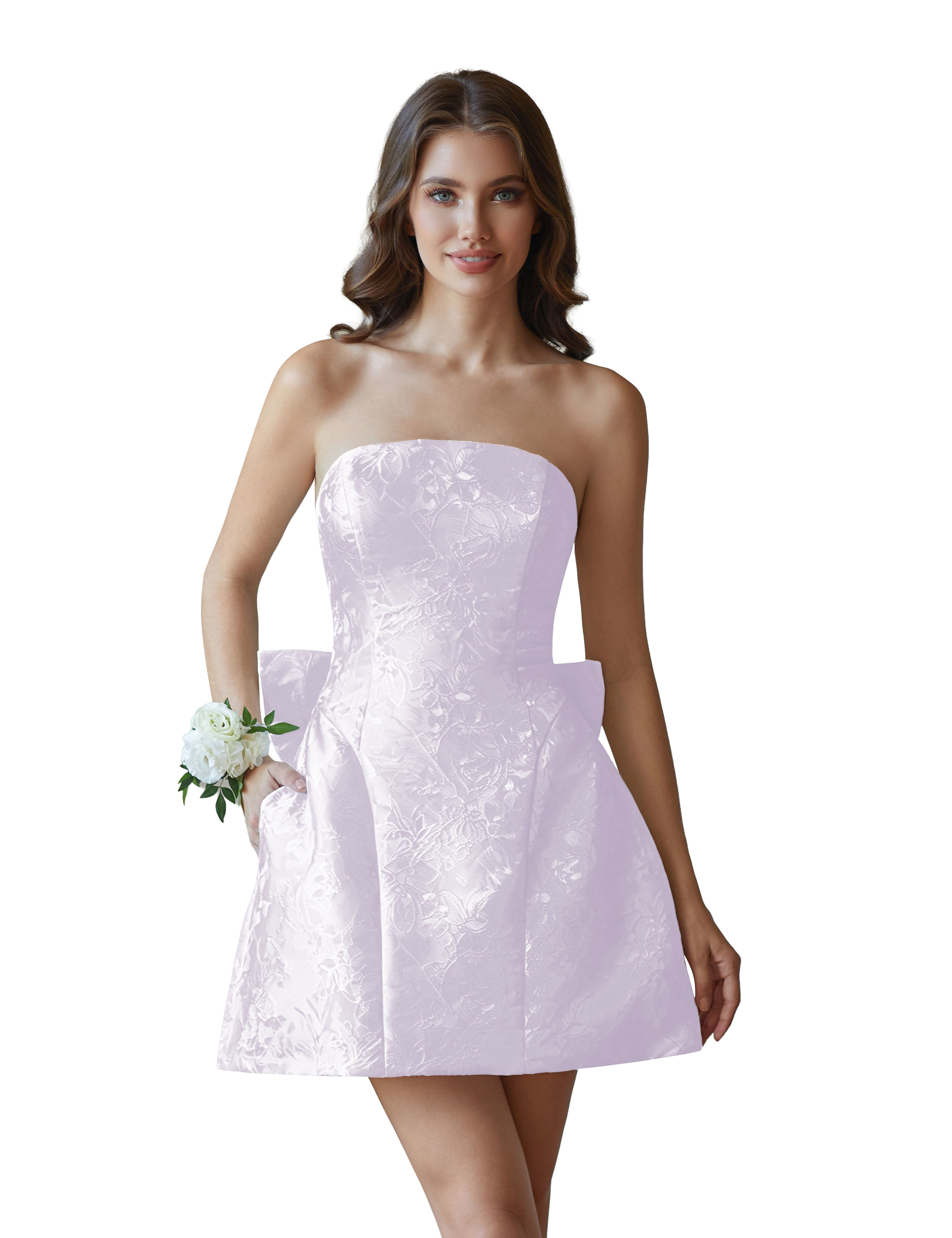 Jacquard Satin Mini Short Party Cocktail Prom Homecoming Dress with Bow Back #HC2401770