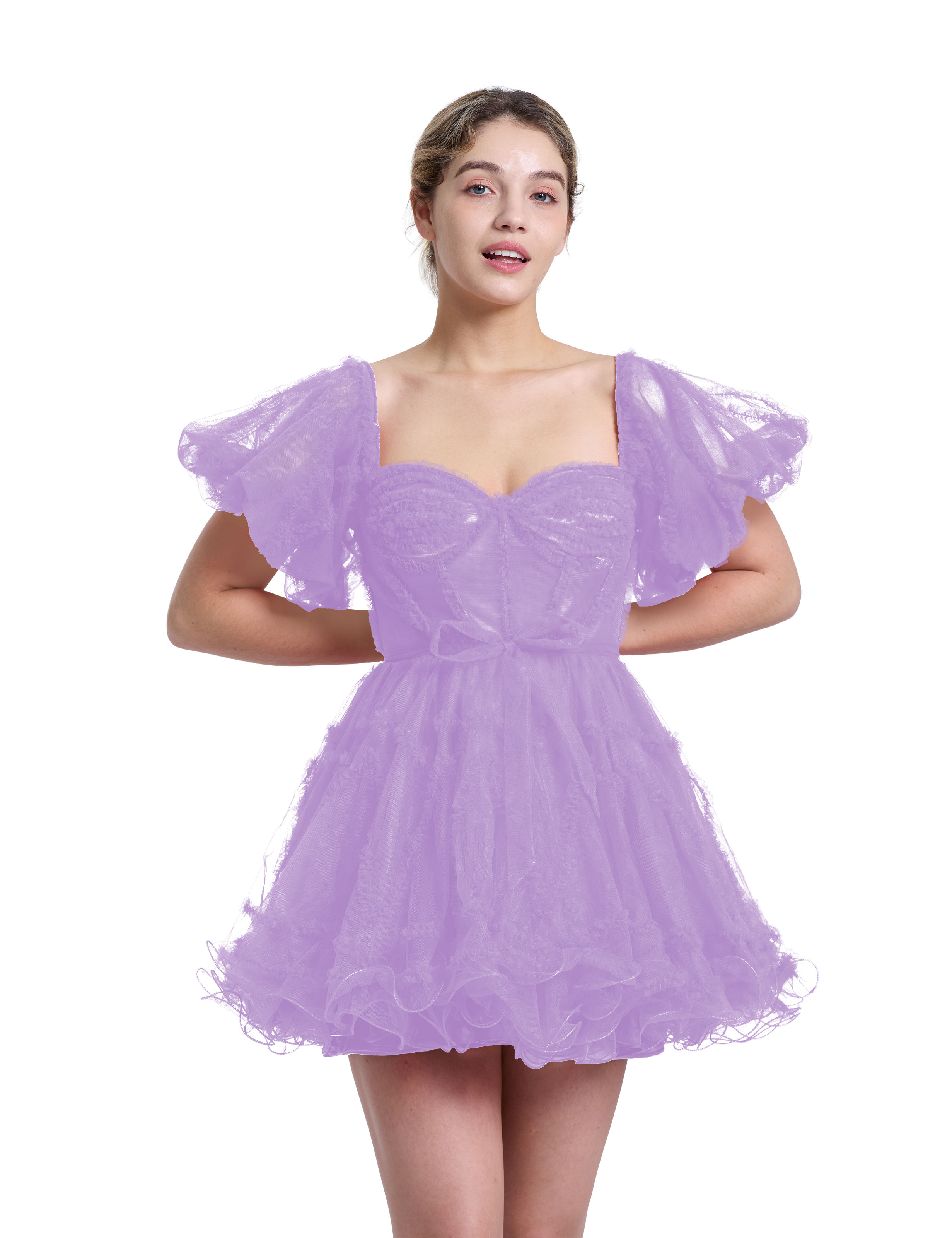 A-line Sweetheart Ruffles Tulle Puffy Sleeves Red Homecoming Dress #HC2401317