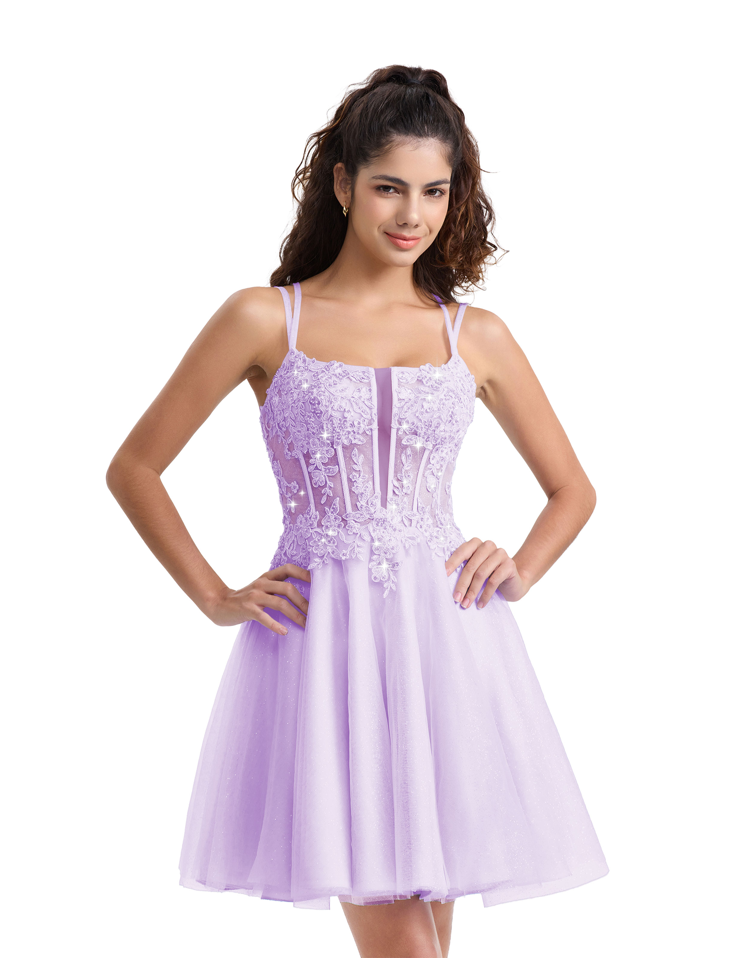 A-line Spaghetti Strap Tulle Lace Appliques Cocktail Homecoming Dress #HC2402129