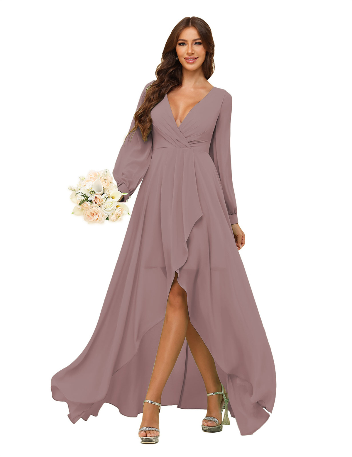 A-line Deep V-neck Chiffon Long Sleeves Bridesmaid Dress #BM2507136