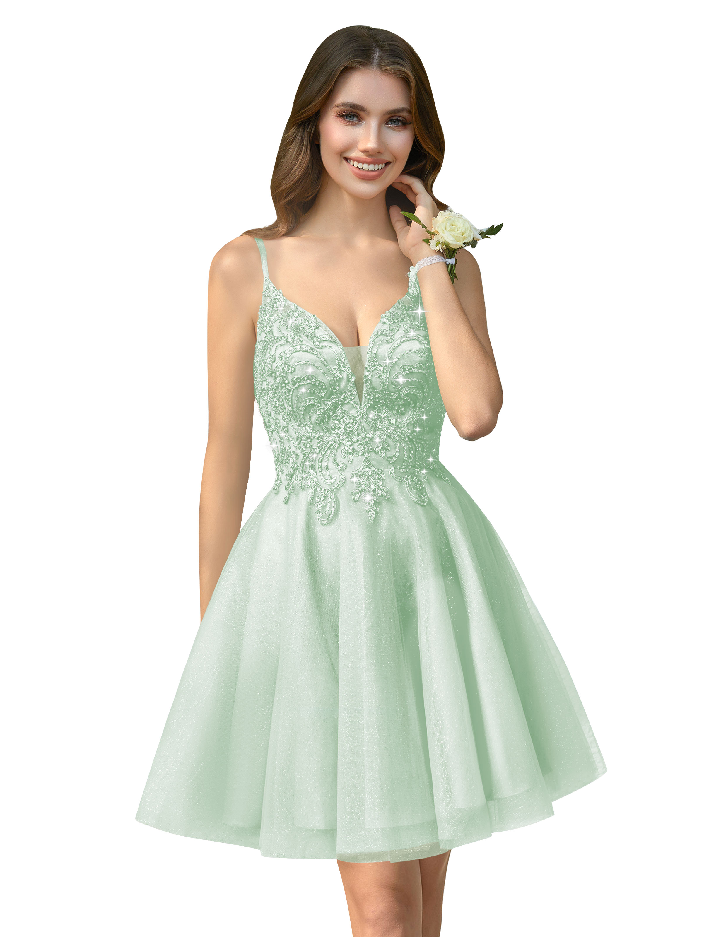 A-line V-neck Spaghetti Strap Sparkly Beaded Tulle Homecoming Dress #HC2401940