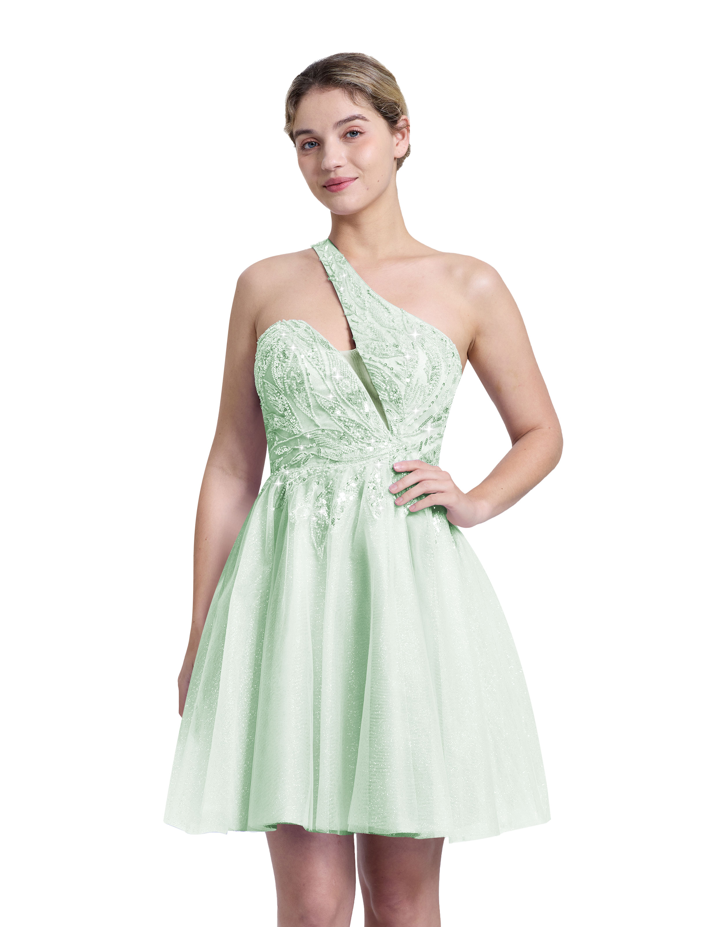 A-line One Shoulder Sequin Lace Beaded Cocktail Party Homecoming Dress #HC2604029