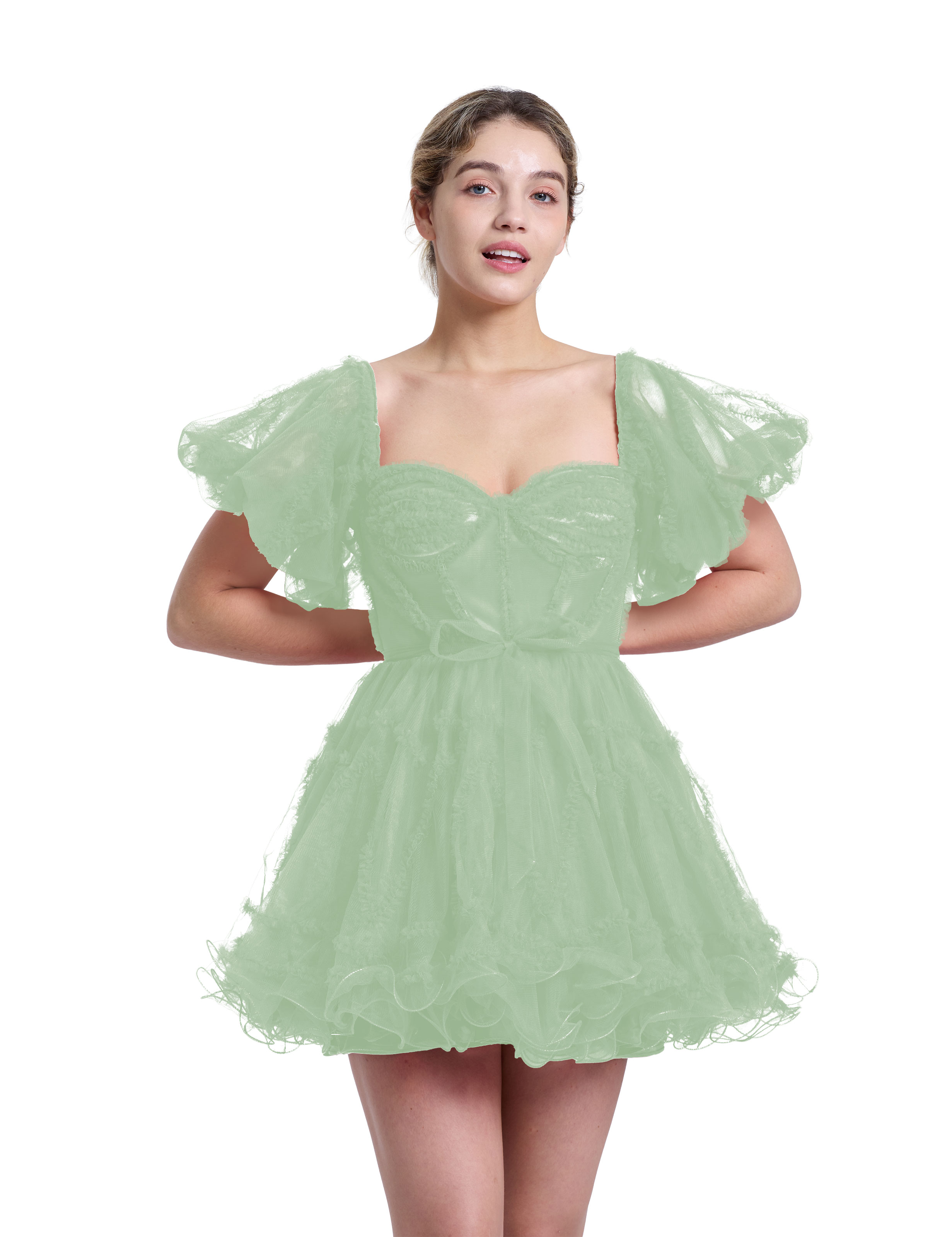 A-line Sweetheart Ruffles Tulle Puffy Sleeves Red Homecoming Dress #HC2401317
