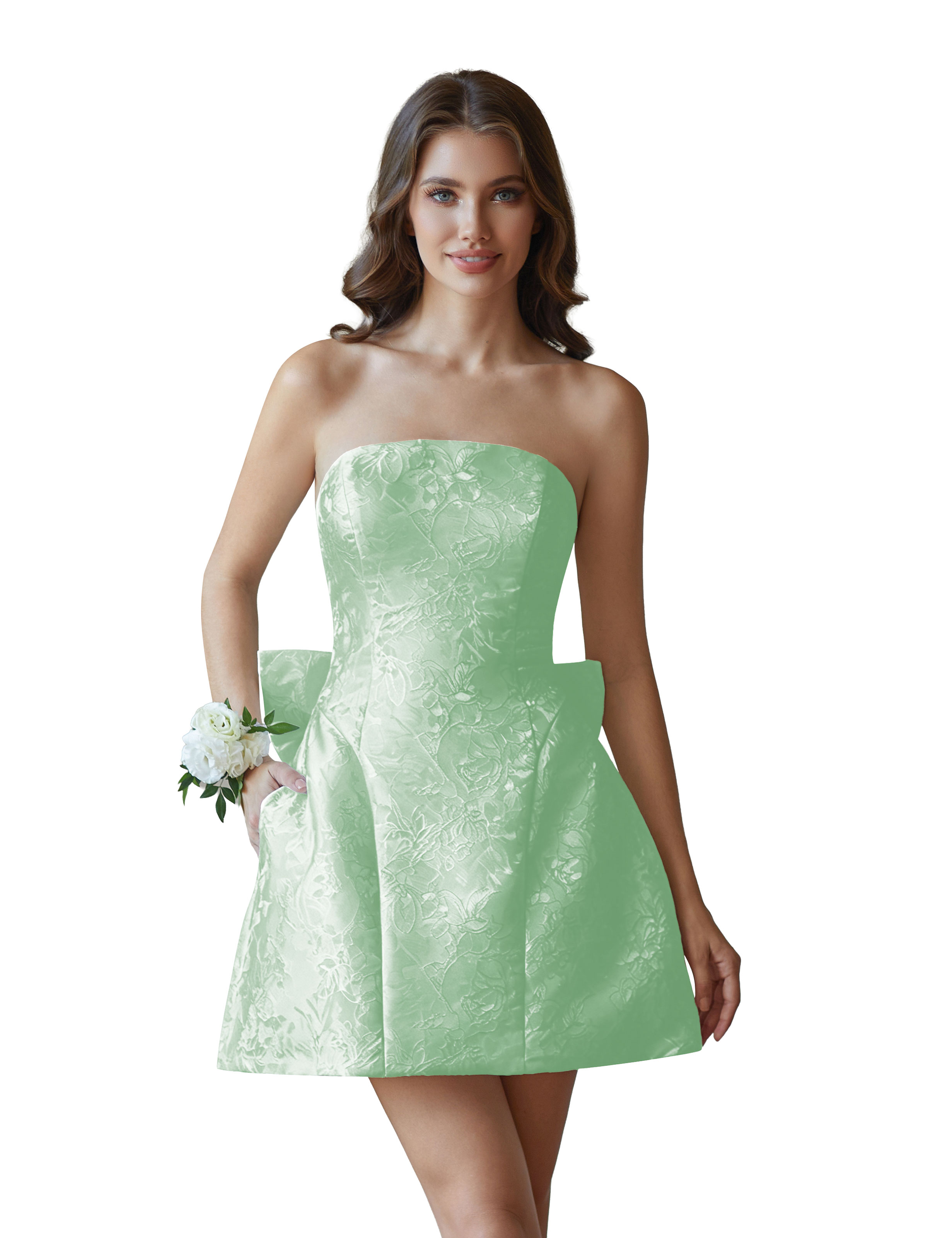 Jacquard Satin Mini Short Party Cocktail Prom Homecoming Dress with Bow Back #HC2401770