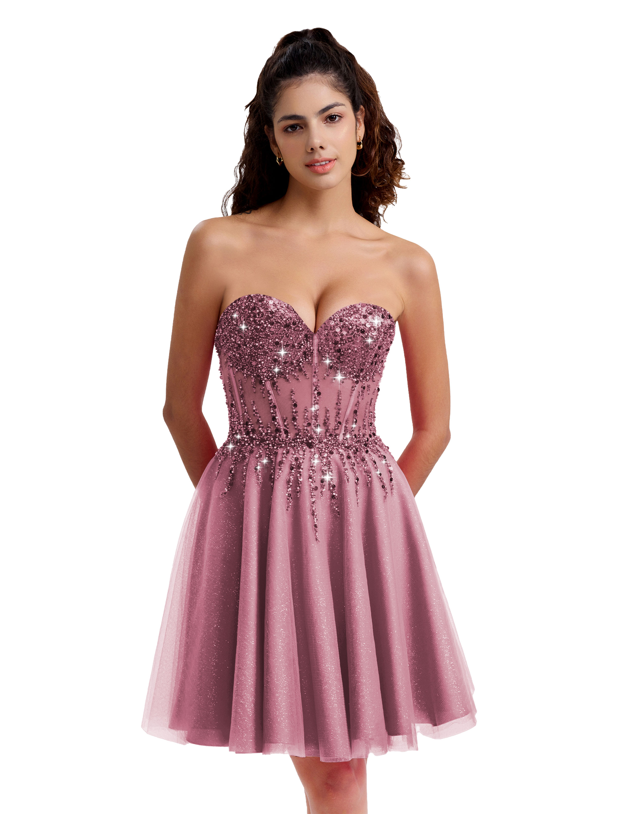 Sparkly A-line Sweetheart Tulle Beaded Party Homecoming Dress #HC2402135
