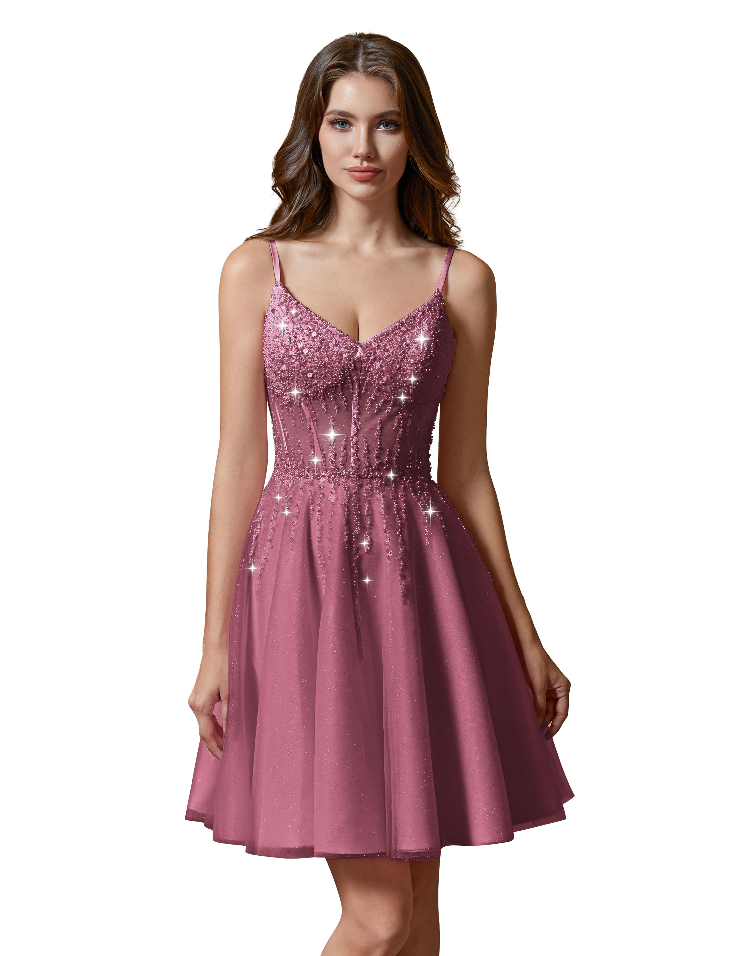 A-line V-Neck Sparkly Tulle Lace Appliques Homecoming Dress #HC2401738