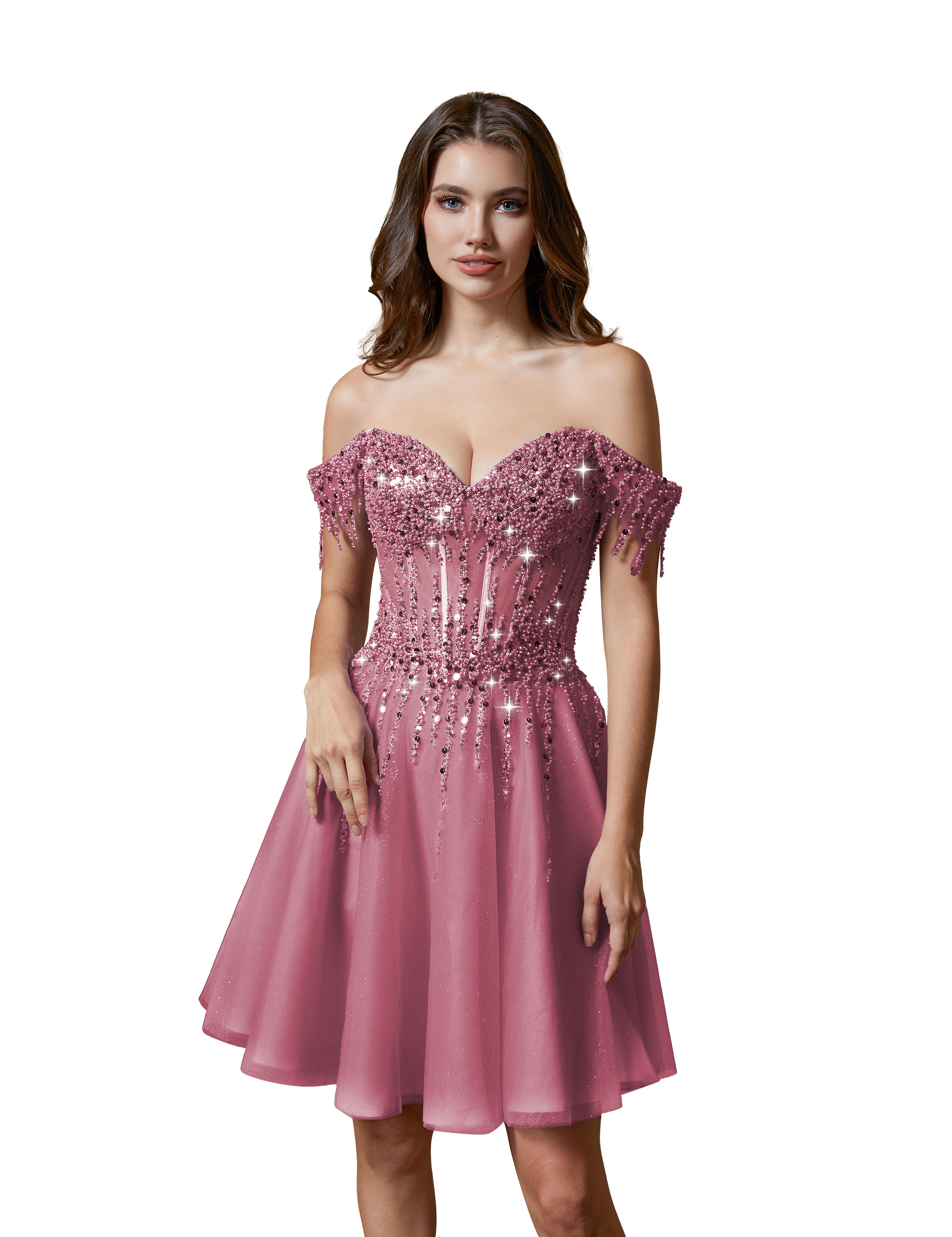 A-line Off Shoulder Lace Appliques Sparkly Sequin Tulle Homecoming Dress #HC2401169