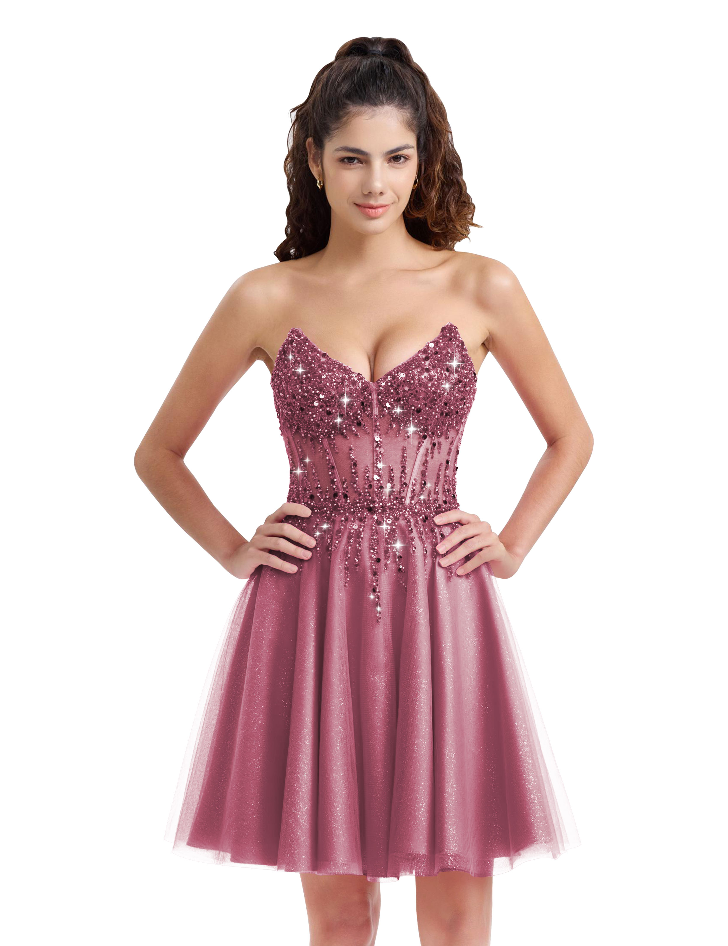 Sparkly A-line V-Neck Tulle Strapless Beaded Homecoming Dress #HC2402127