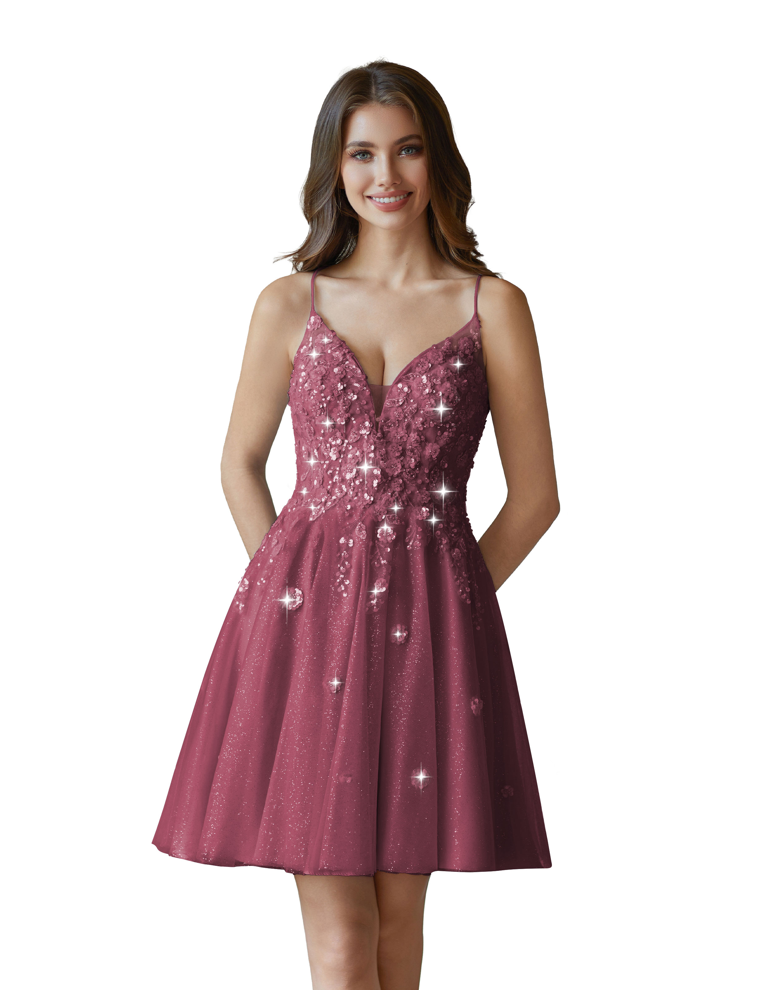 V-Neck Sspaghetti Strap Sparkly Lace Sequin Short Tulle Homecoming Dress #HC2604021