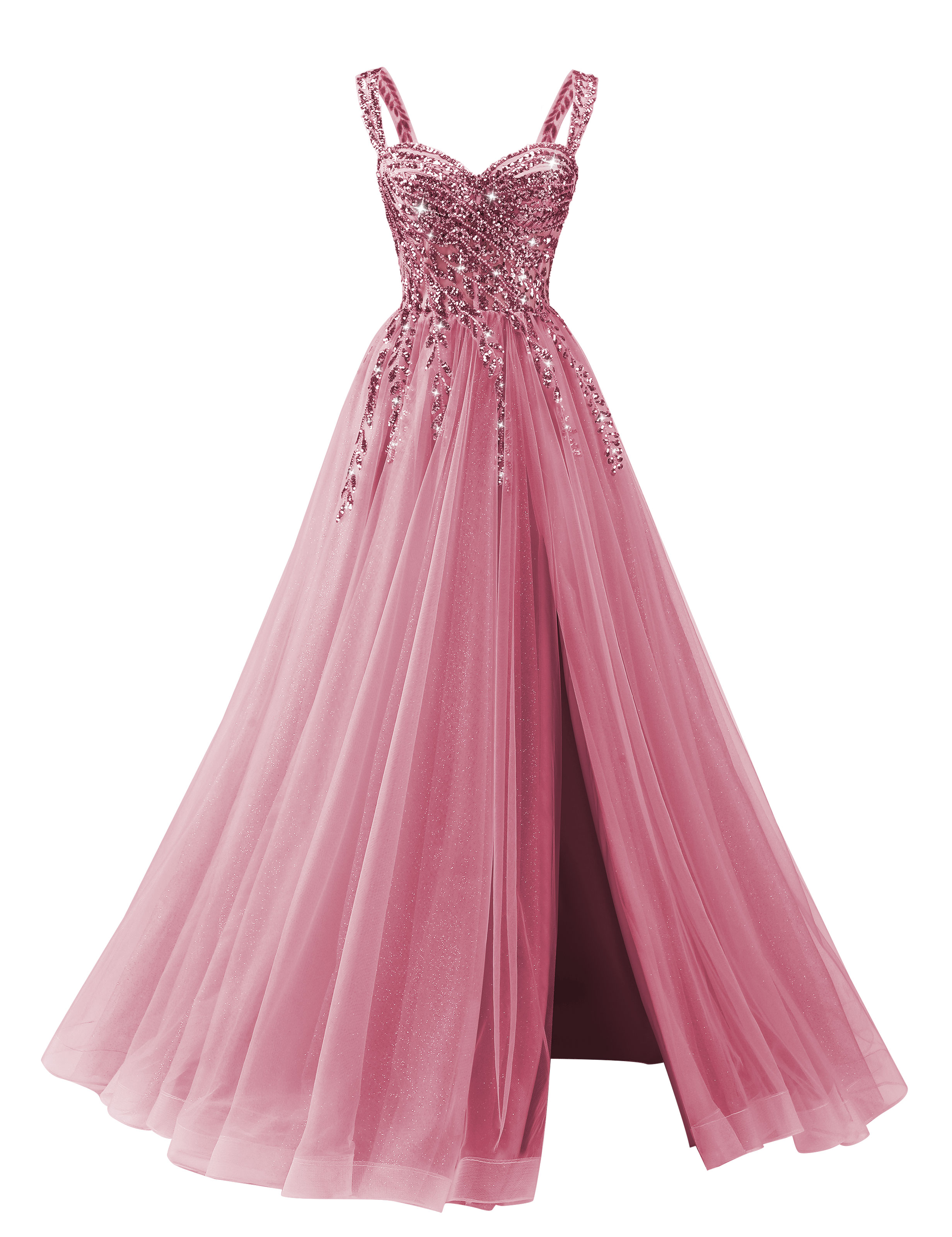 A-line Sweetheart Sparkly Tulle Sequins Beaded Slit Corset Prom Dress #PR2512071