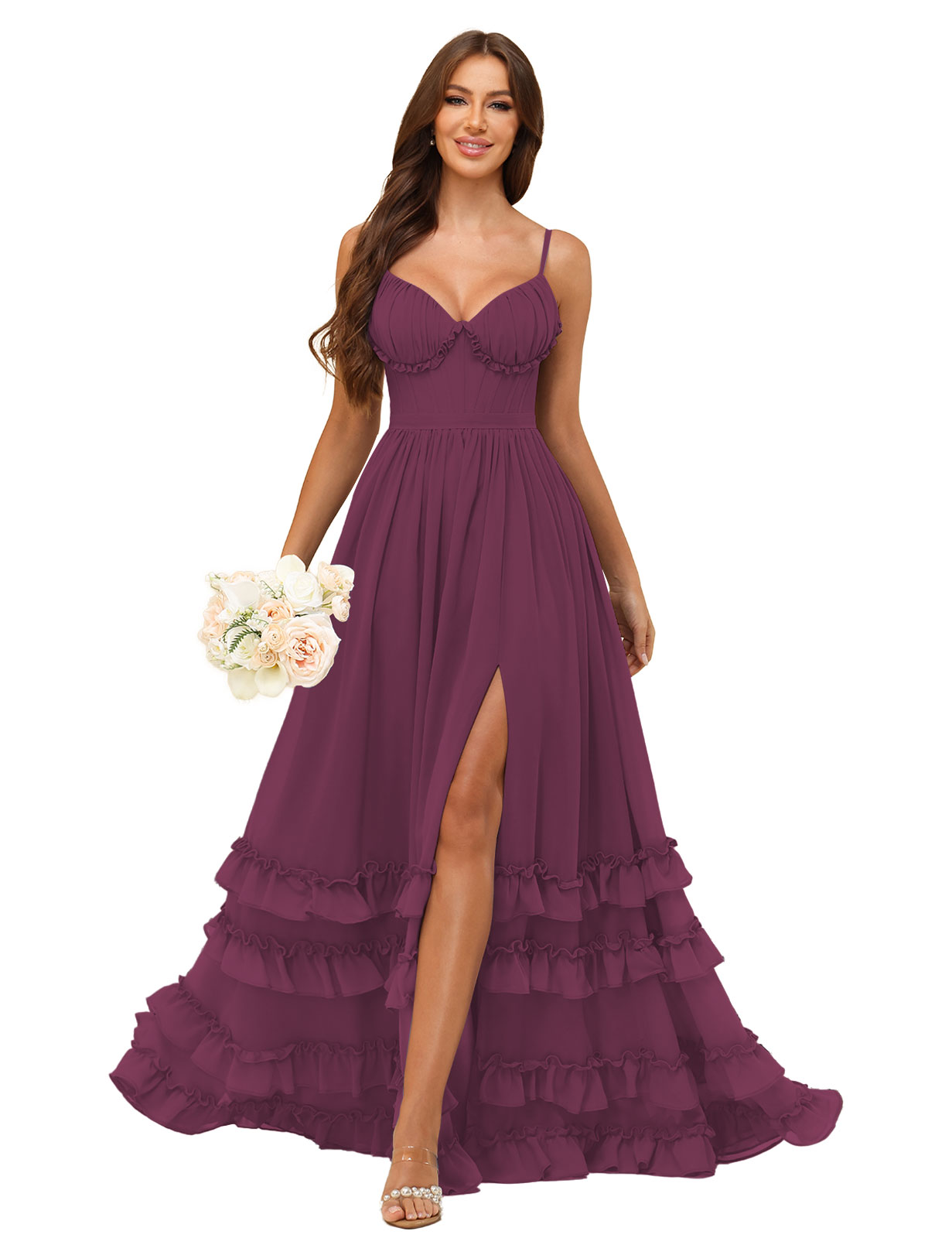 A-line Sweetheart Spaghetti Straps Chiffon Silt Ruffles Bridesmaid Dress #BM2507033