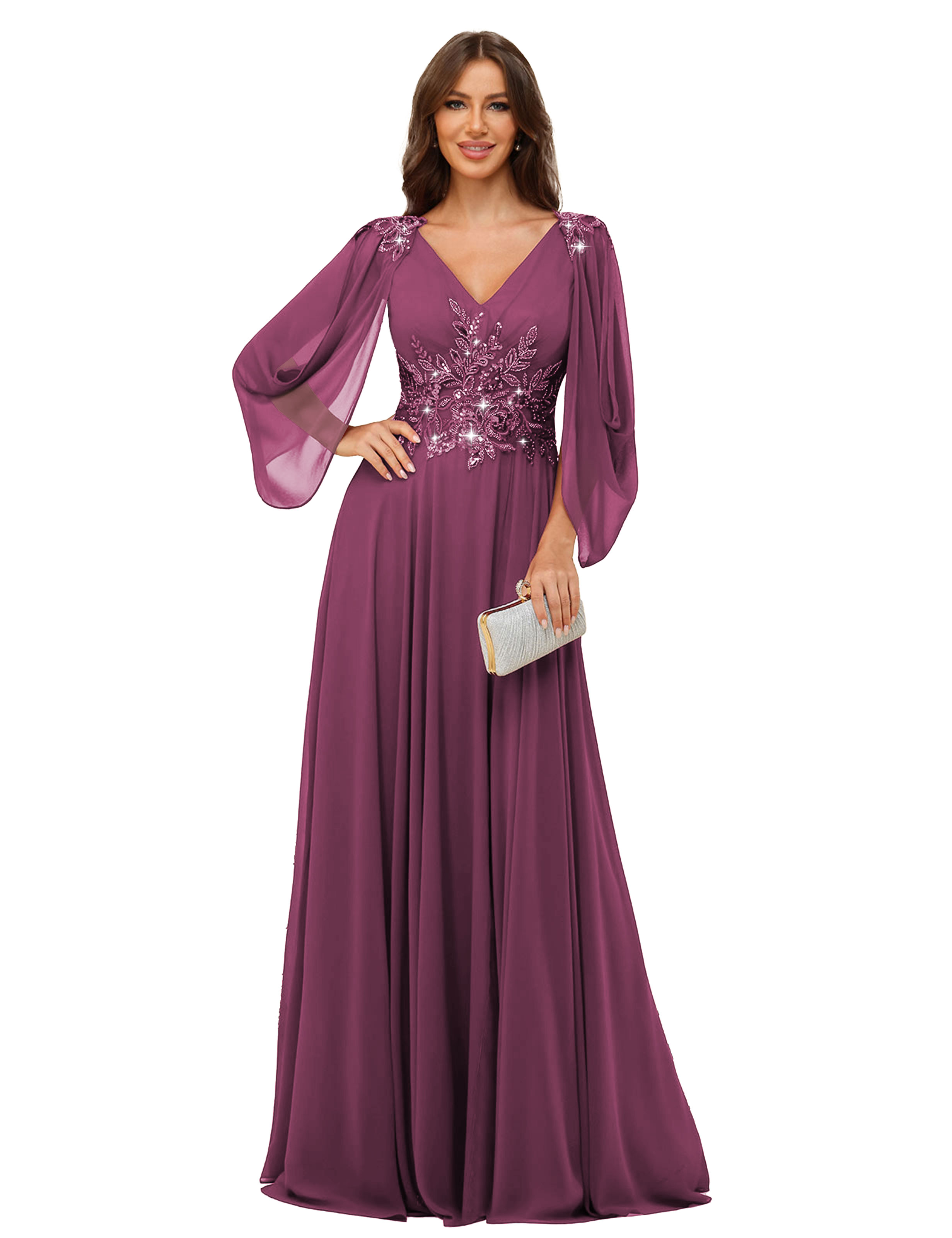 A-line V-neck Chiffon V-back Long Sleeves Mother of The Bride Dress #BM2501034