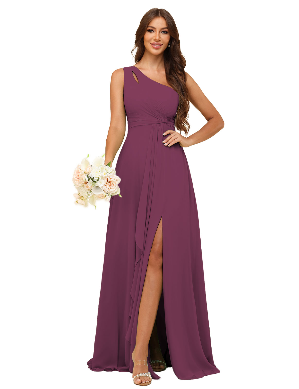 A-line One Shoulder Chiffon Silt Bridesmaid Dress #BM2507131