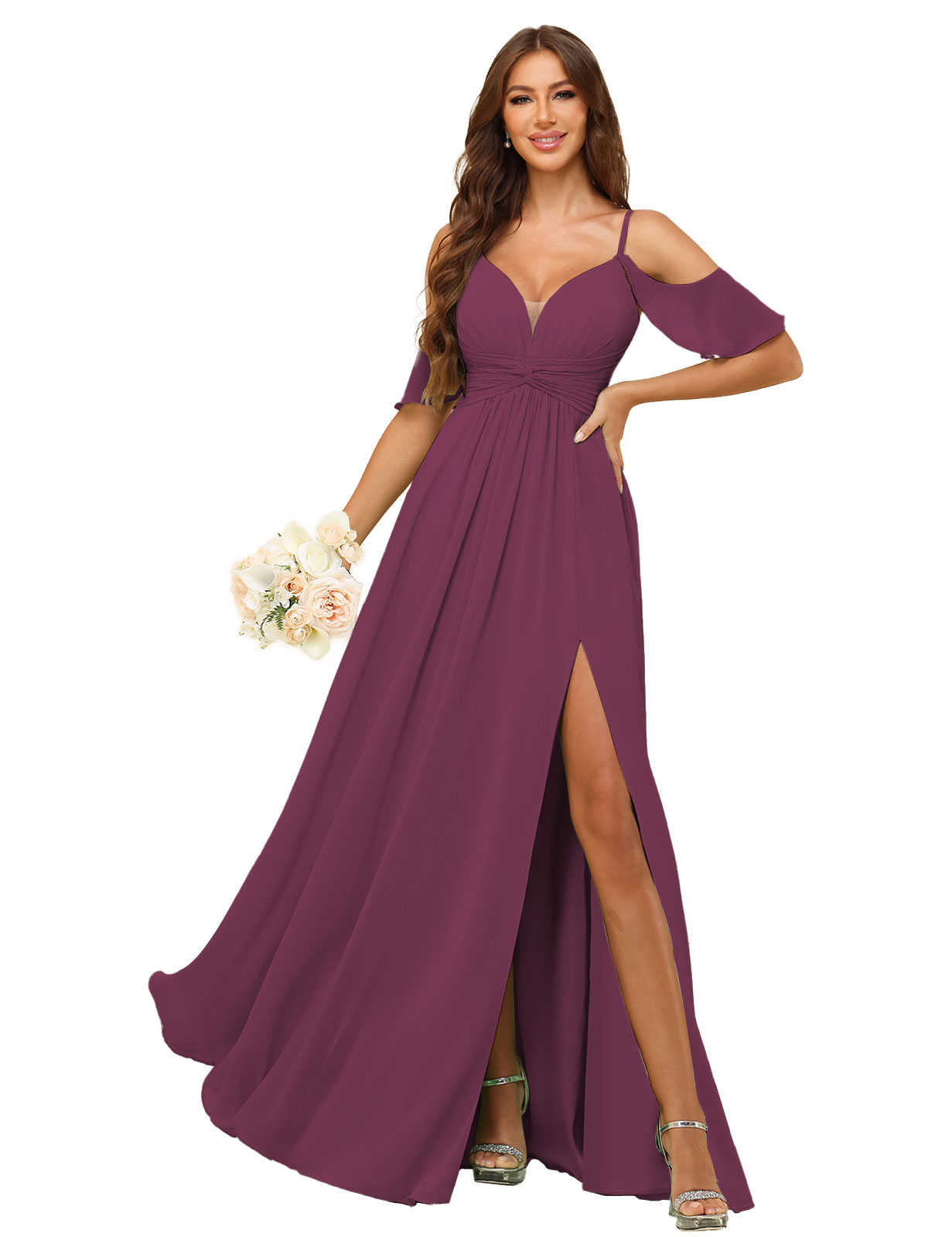 A-line Deep V-neck Spaghetti Straps Chiffon Silt Bridesmaid Dress #BM2507134
