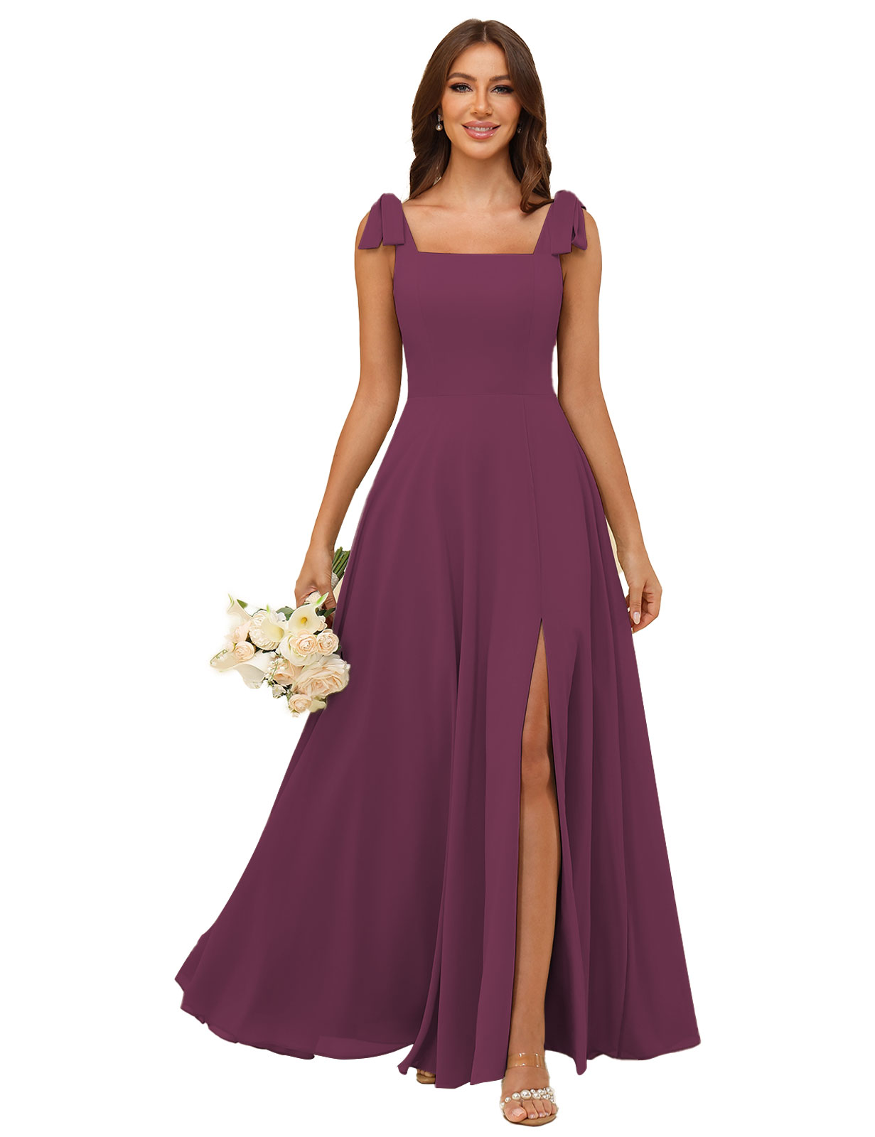 A-line Square Straps Chiffon Silt Bridesmaid Dress #BM2507222