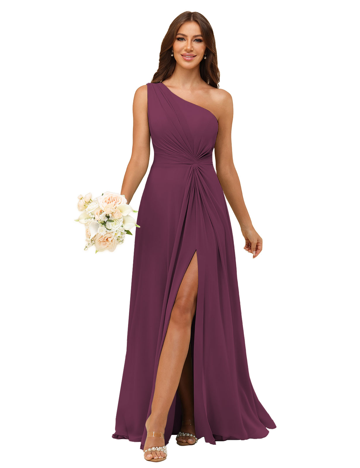 A-line One Shoulder Chiffon Silt Bridesmaid Dress #BM2508033