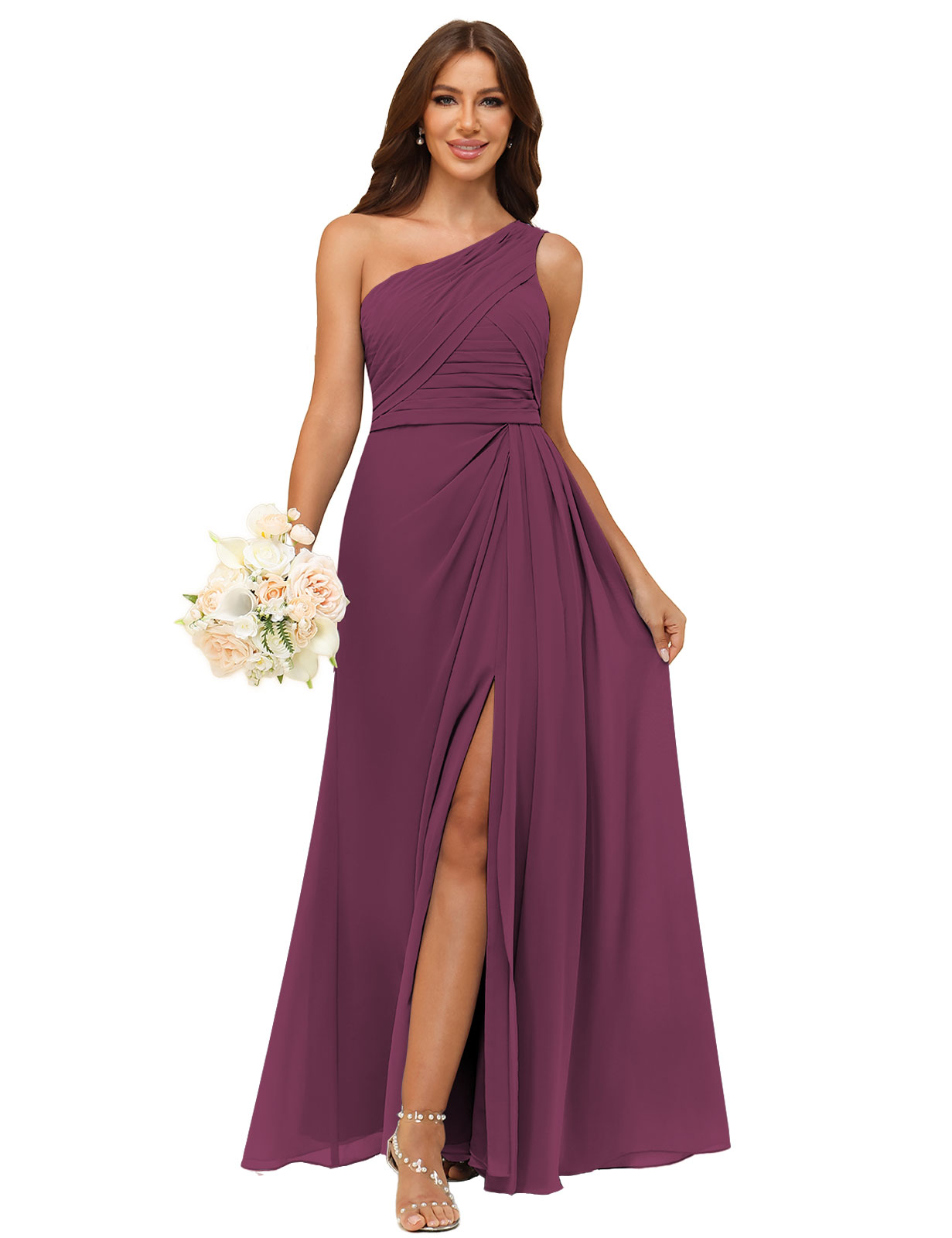 A-line One Shoulder Chiffon Silt Back Zip Bridesmaid Dress #BM2504122