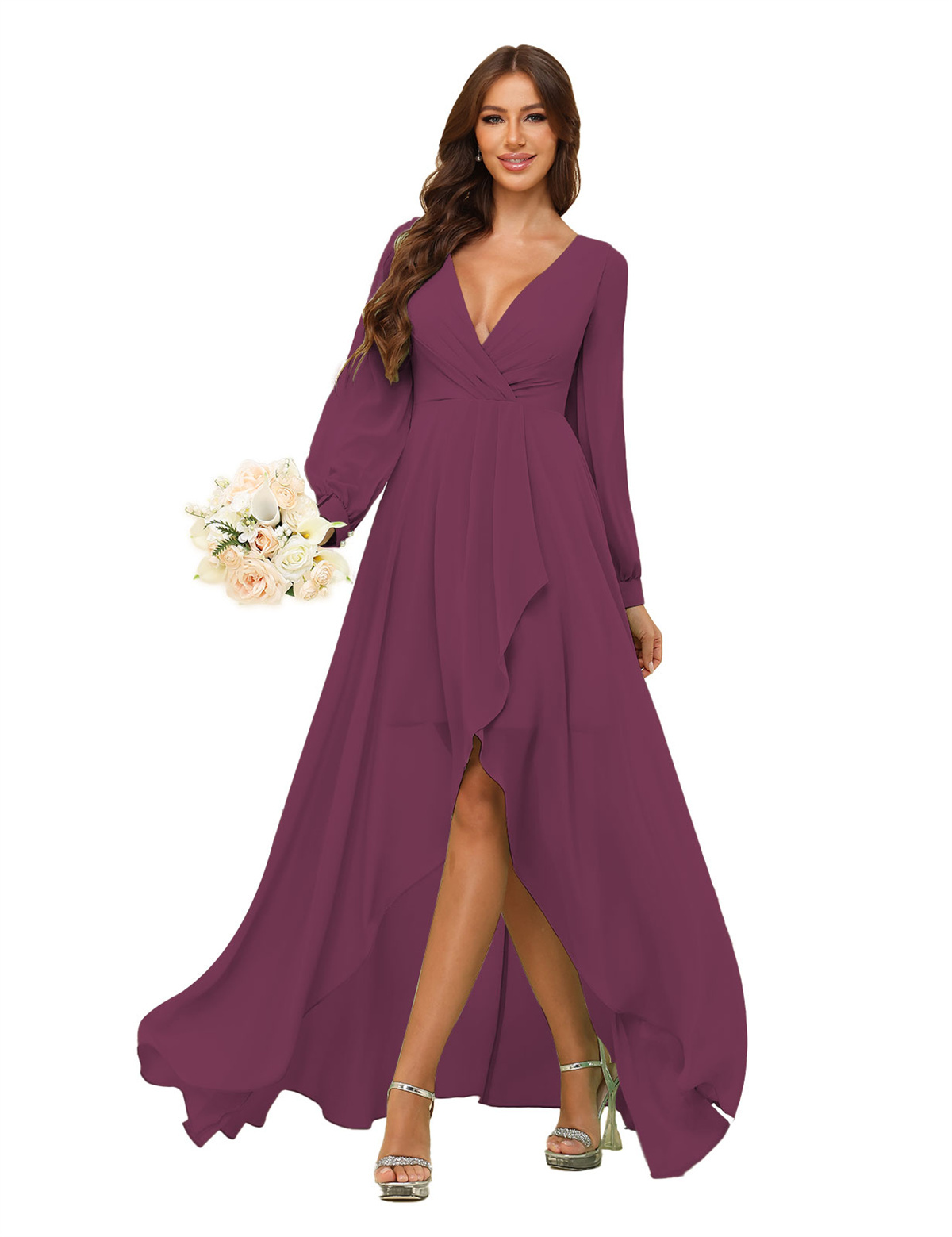 A-line Deep V-neck Chiffon Long Sleeves Bridesmaid Dress #BM2507136