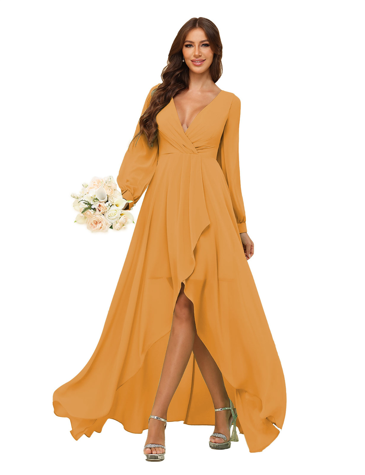 A-line Deep V-neck Chiffon Long Sleeves Bridesmaid Dress #BM2507136