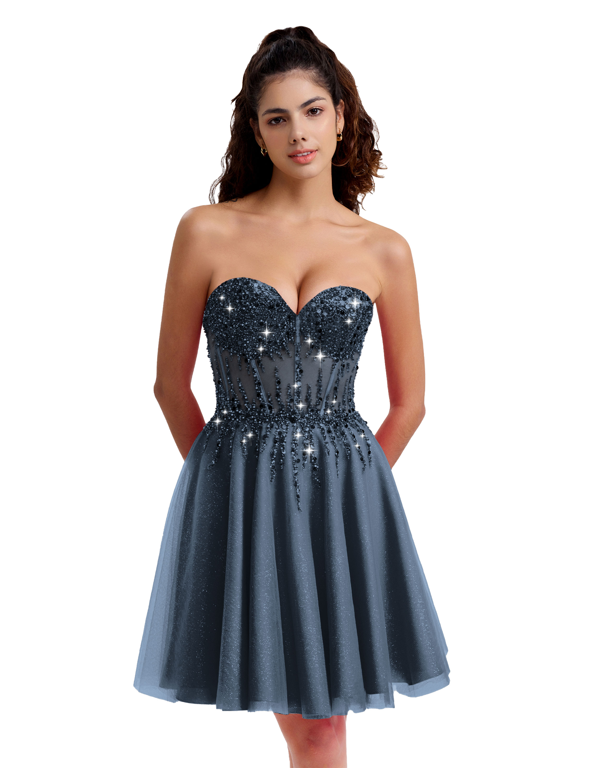 Sparkly A-line Sweetheart Tulle Beaded Party Homecoming Dress #HC2402135