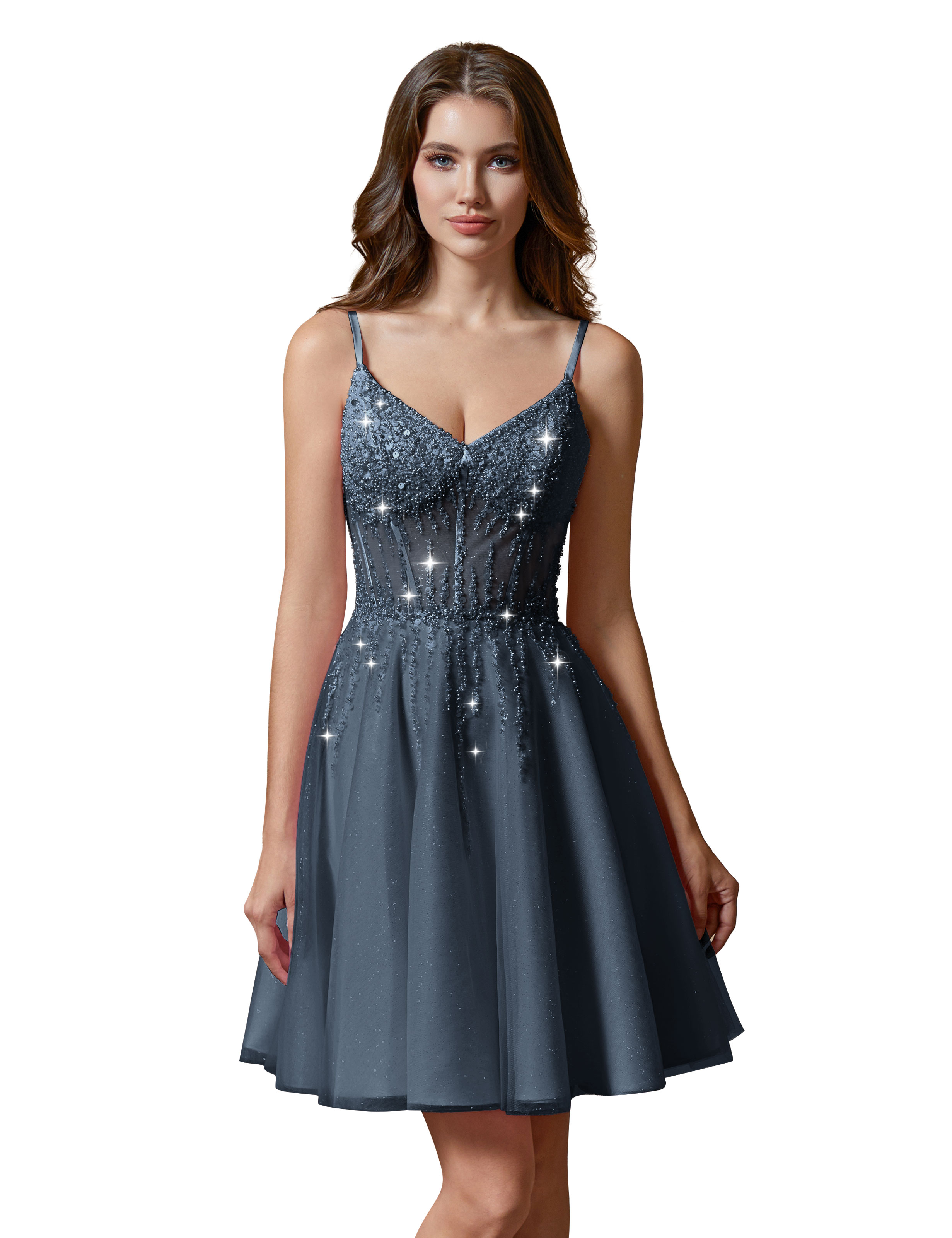 A-line V-Neck Sparkly Tulle Lace Appliques Homecoming Dress #HC2401738