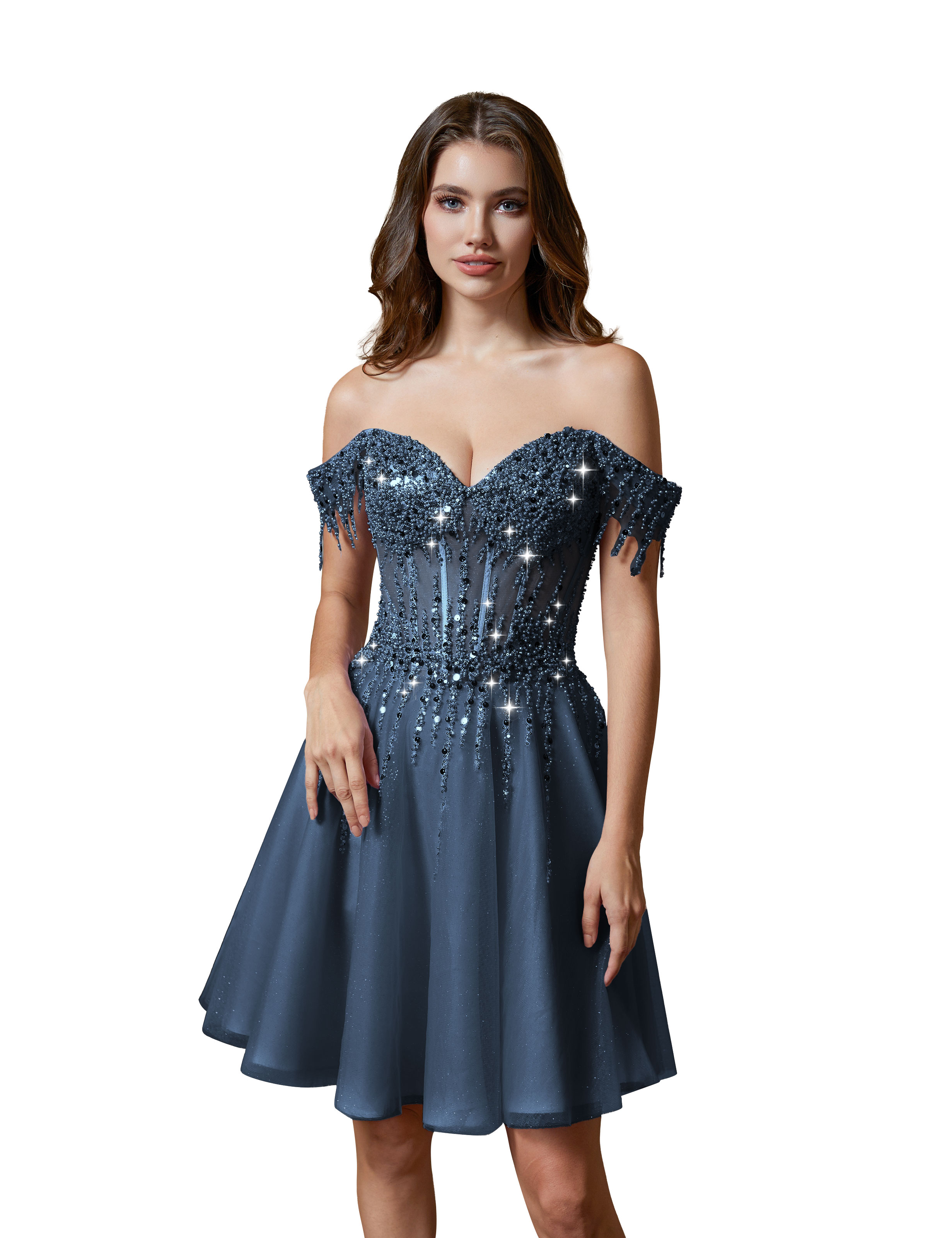 A-line Off Shoulder Lace Appliques Sparkly Sequin Tulle Homecoming Dress #HC2401169