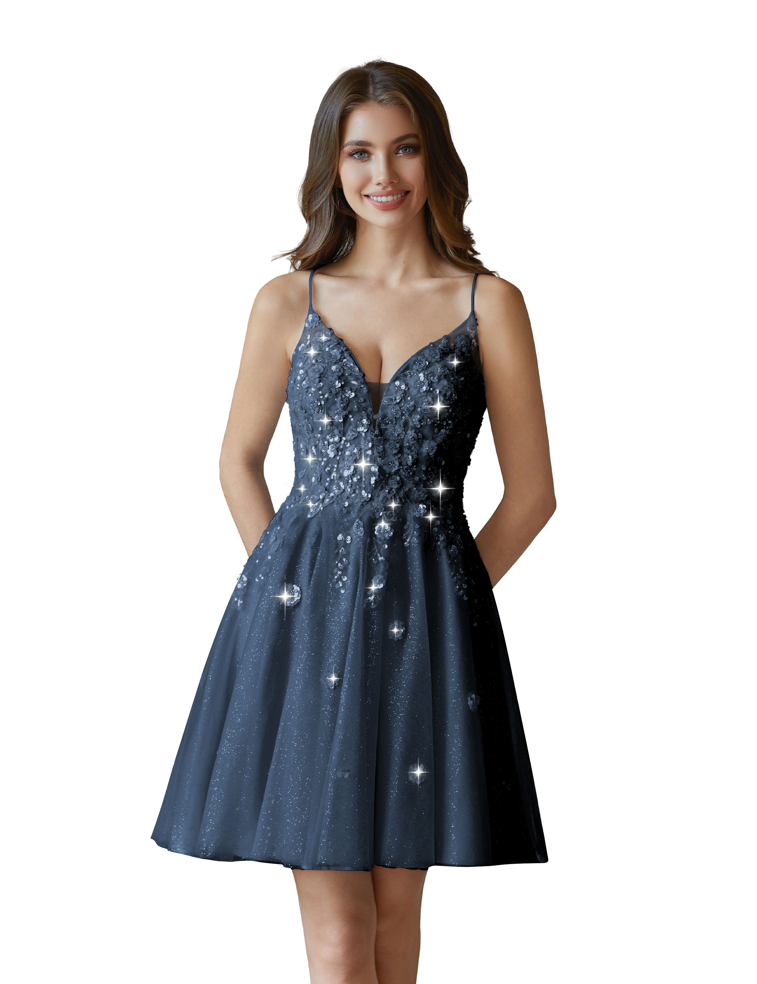 V-Neck Sspaghetti Strap Sparkly Lace Sequin Short Tulle Homecoming Dress #HC2604021