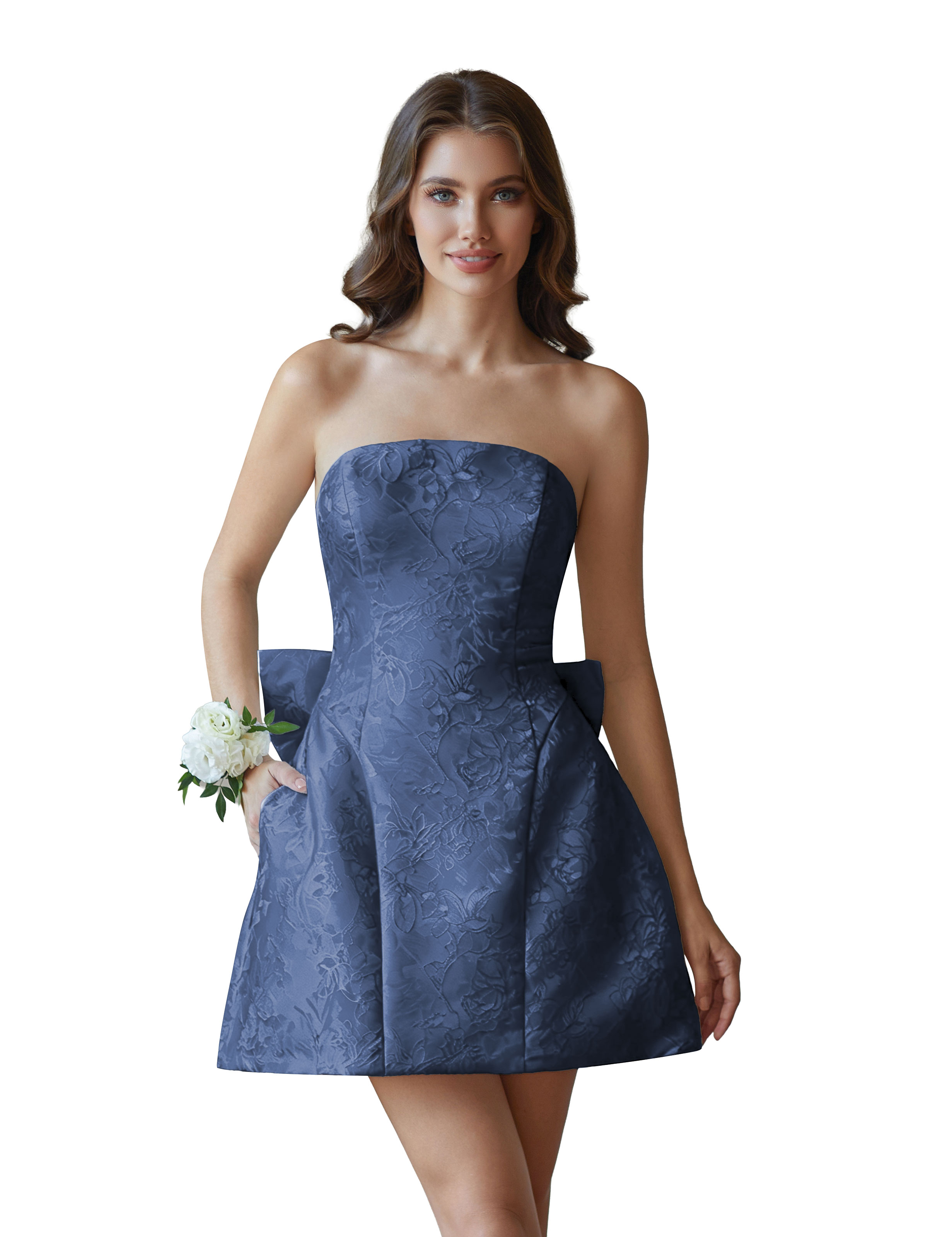 Jacquard Satin Mini Short Party Cocktail Prom Homecoming Dress with Bow Back #HC2401770