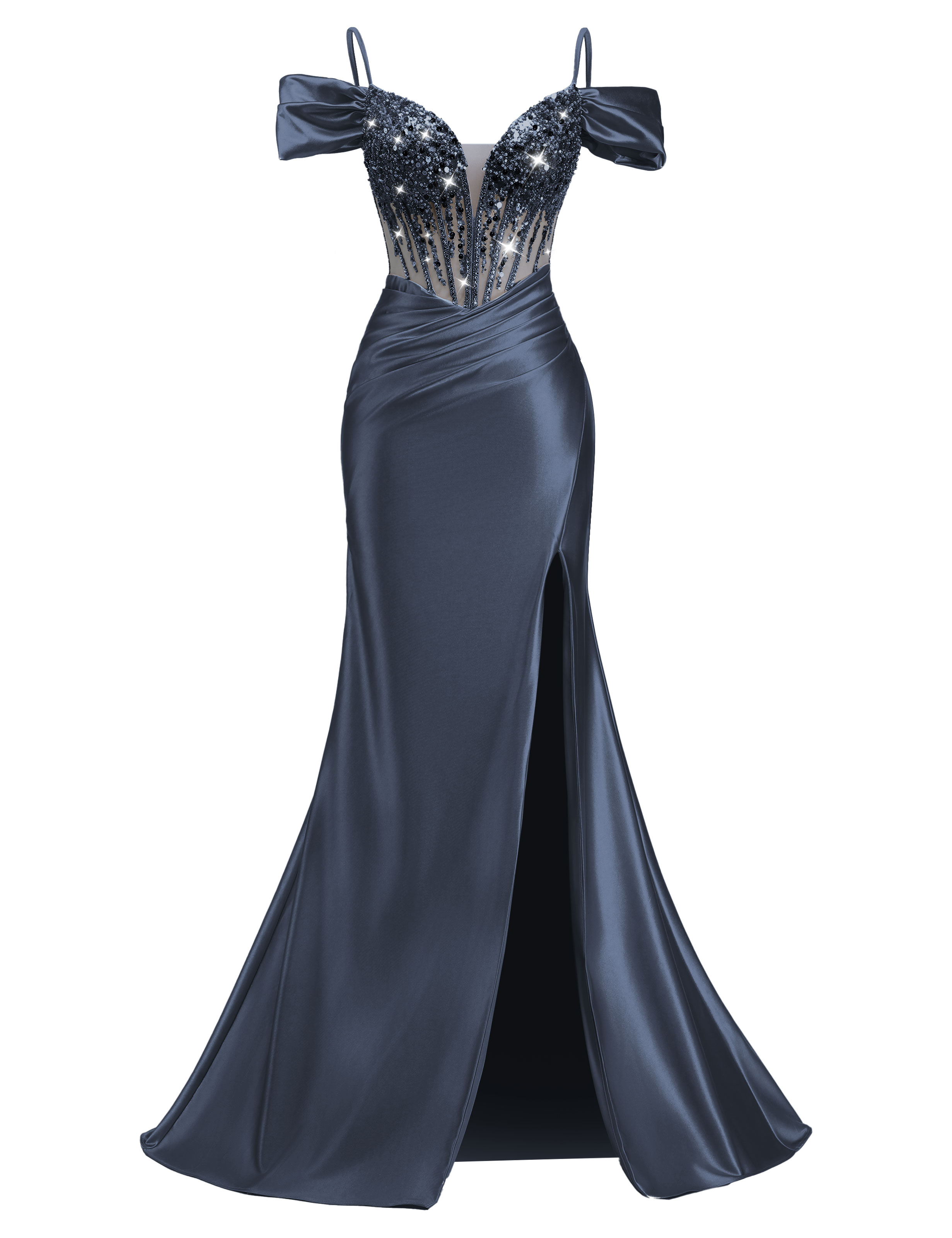 Mermaid V-neck Off Shoulder Beaded Sequin Satin Slit Prom Dress #PR2510014