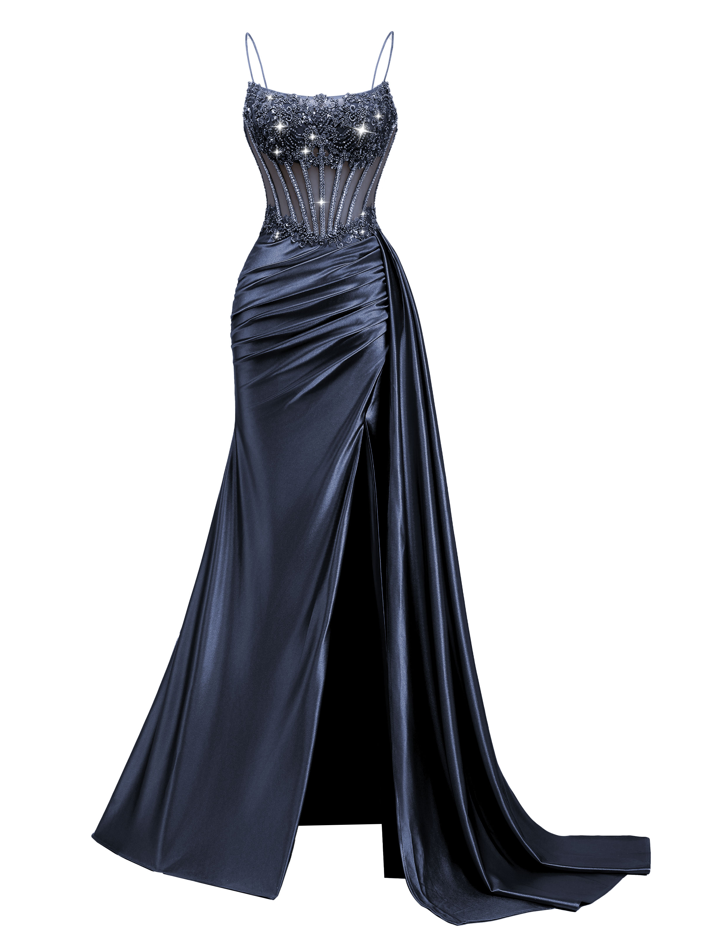 Mermaid Spaghetti Straps Pleated Satin Beaded Slit Prom Dress #PR2510011