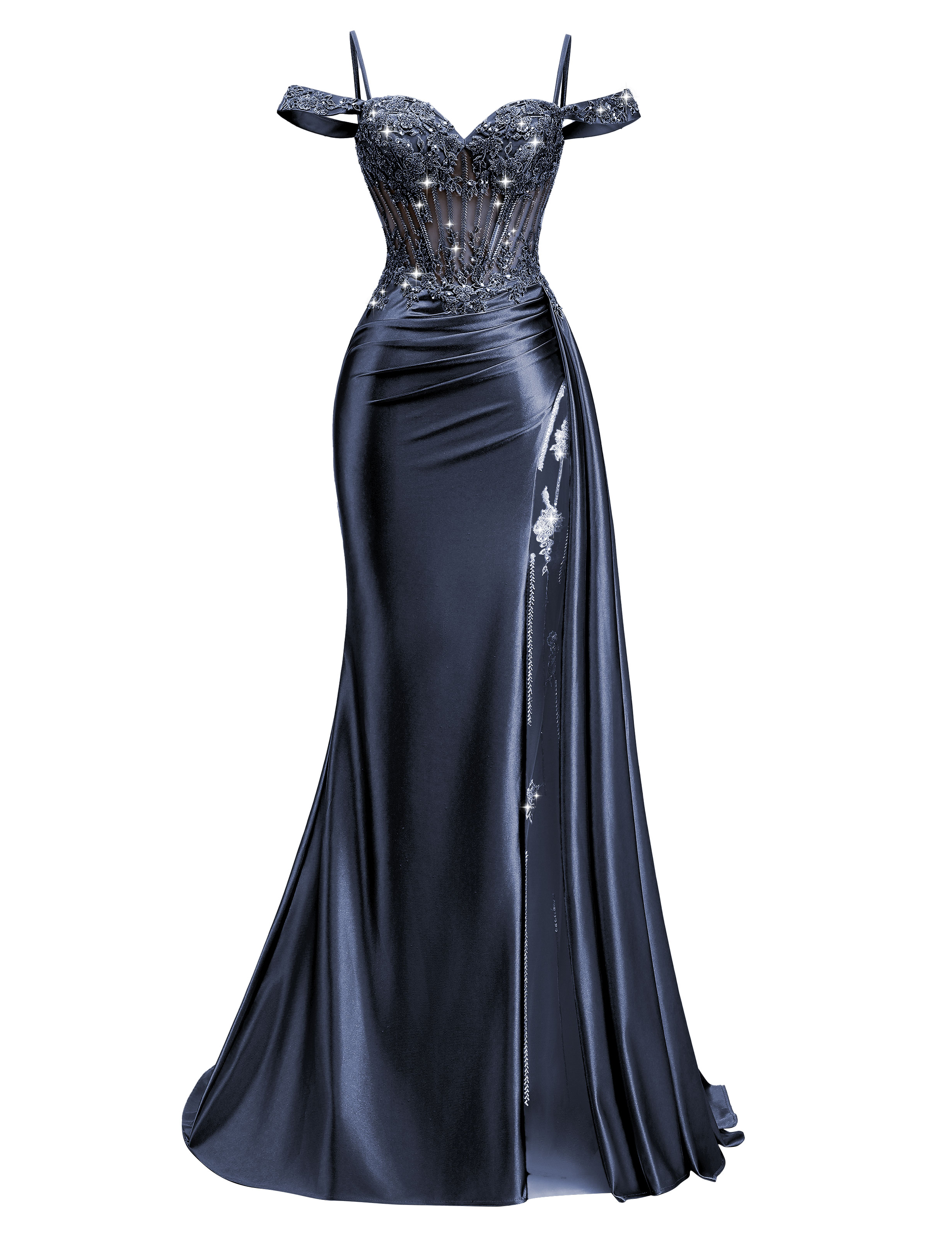Mermaid Off Shoulder Beaded Sequin Appliques Satin Slit Prom Dress #PR2510009
