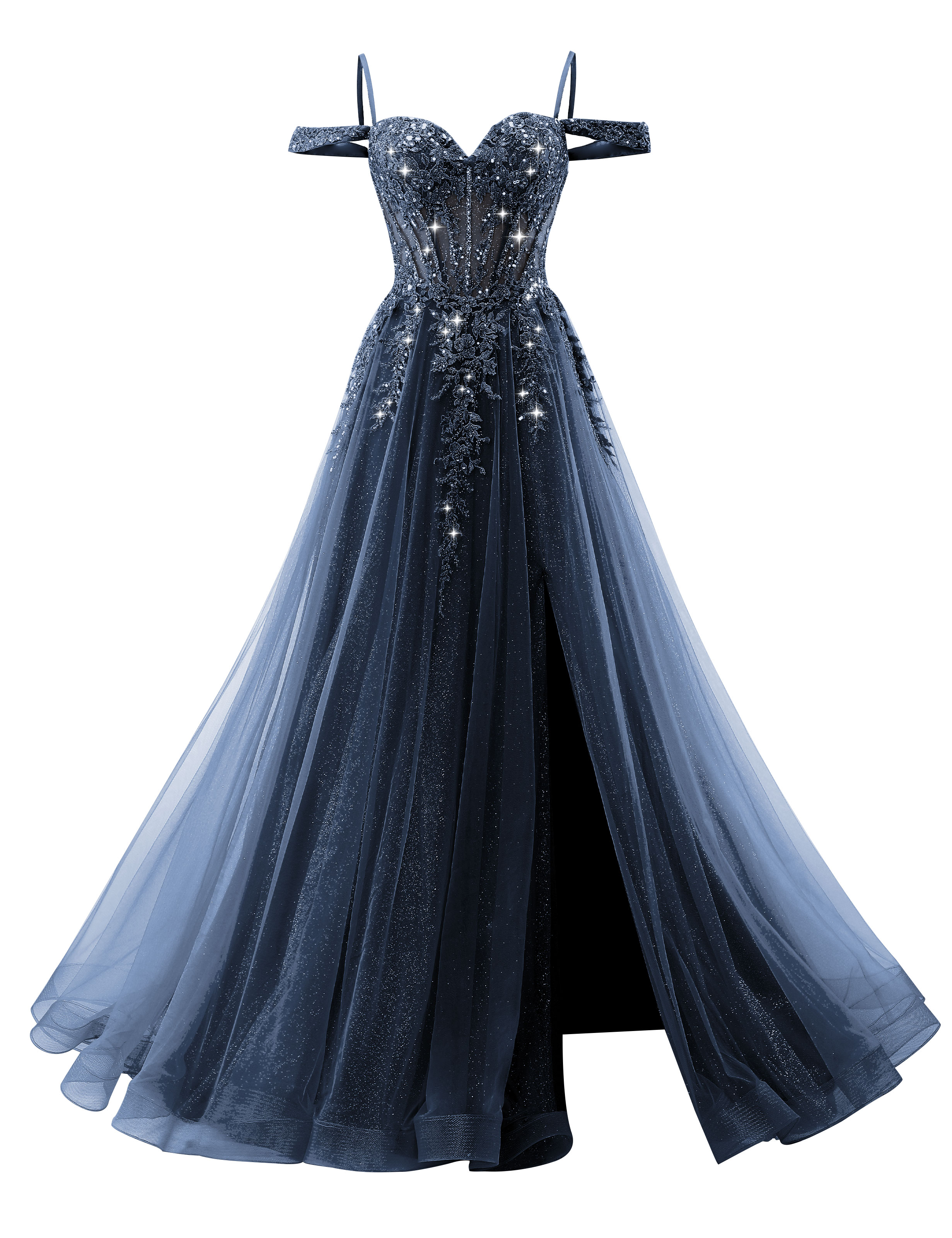 A-line Sweetheart Off Shoulder Corset Lace Appliques Sparkly Tulle Prom Dress #PR2511040