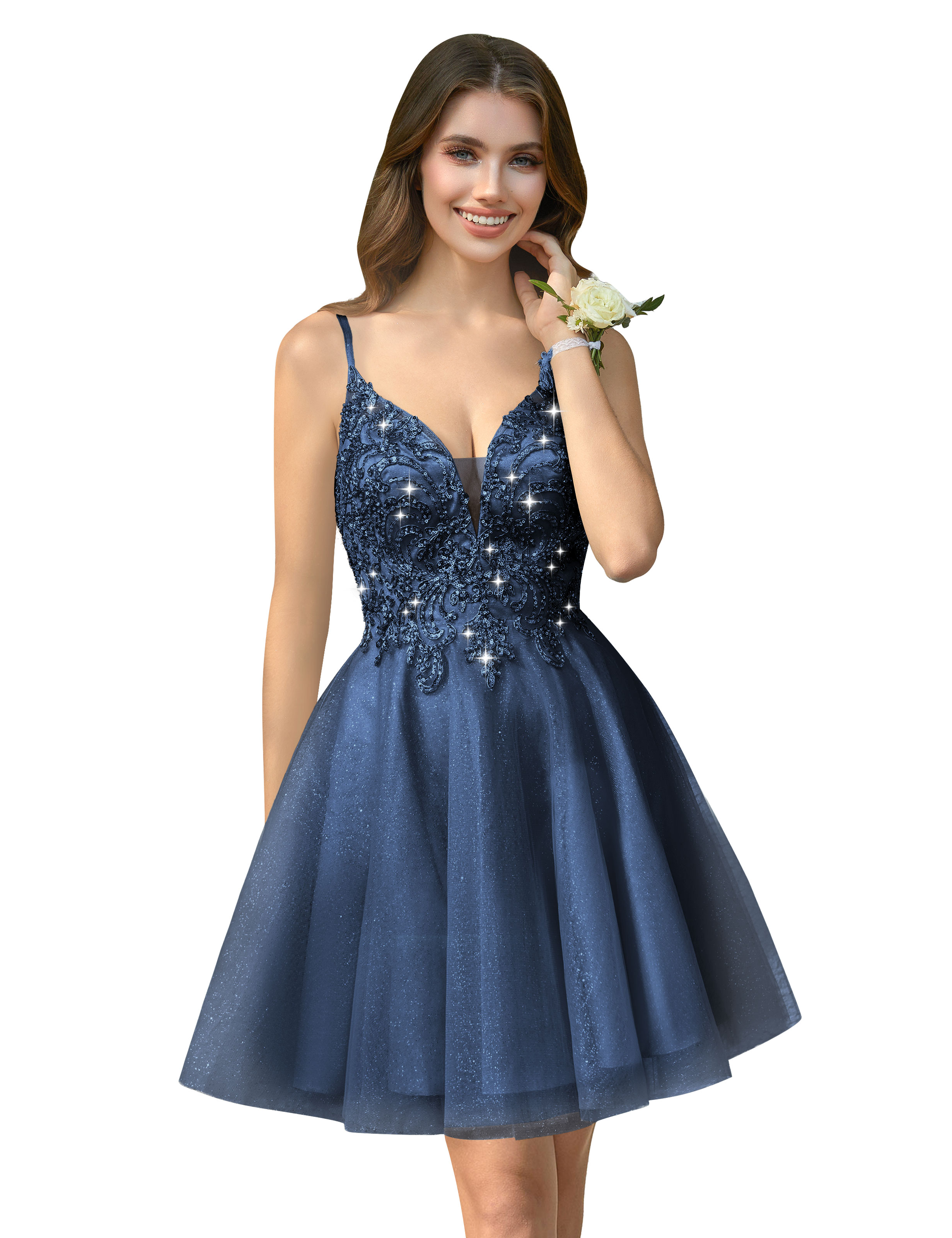 A-line V-neck Spaghetti Strap Sparkly Beaded Tulle Homecoming Dress #HC2401940
