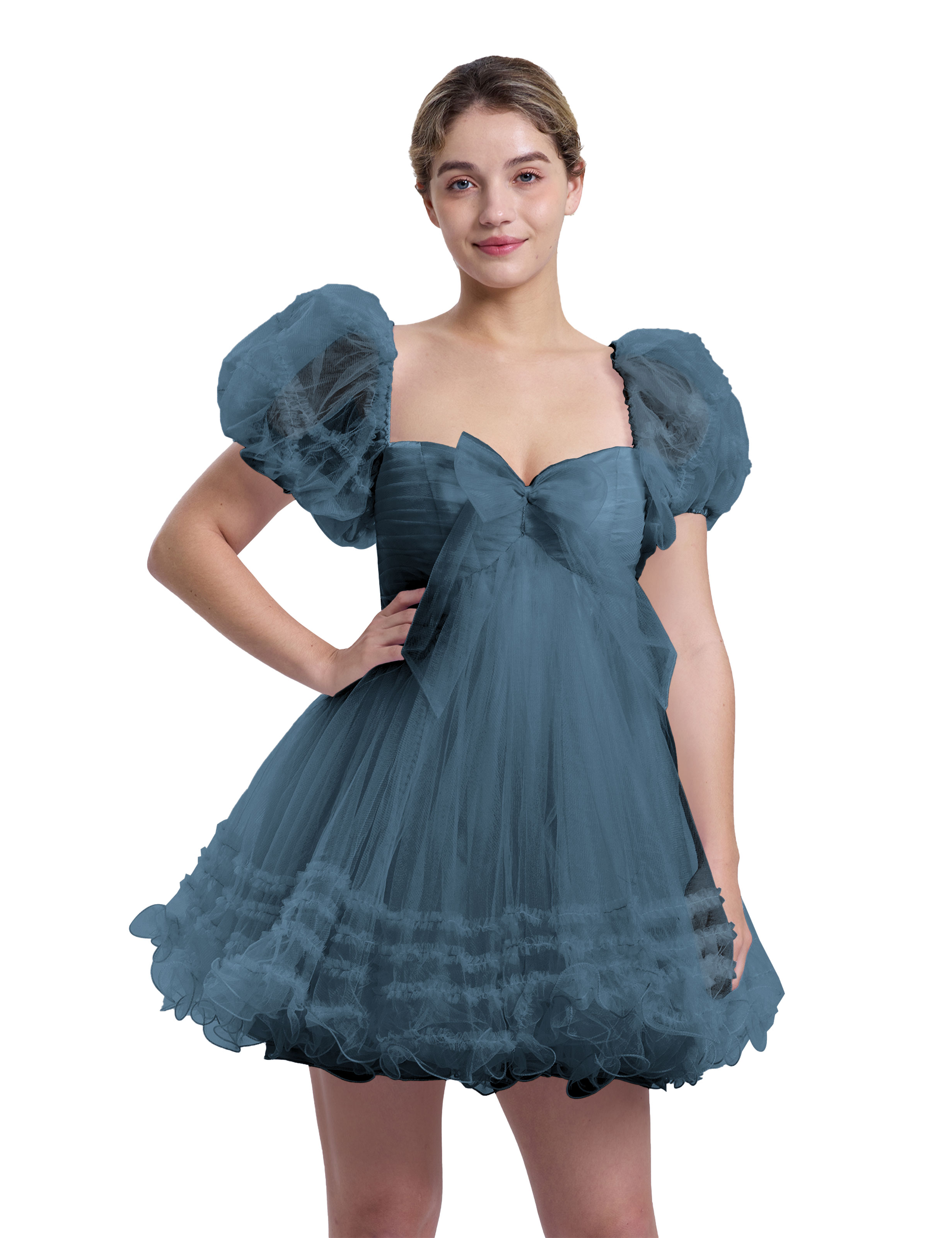 A-line Sweetheart Ruffles Tulle Puffy Sleeves Homecoming Dress #HC2401063
