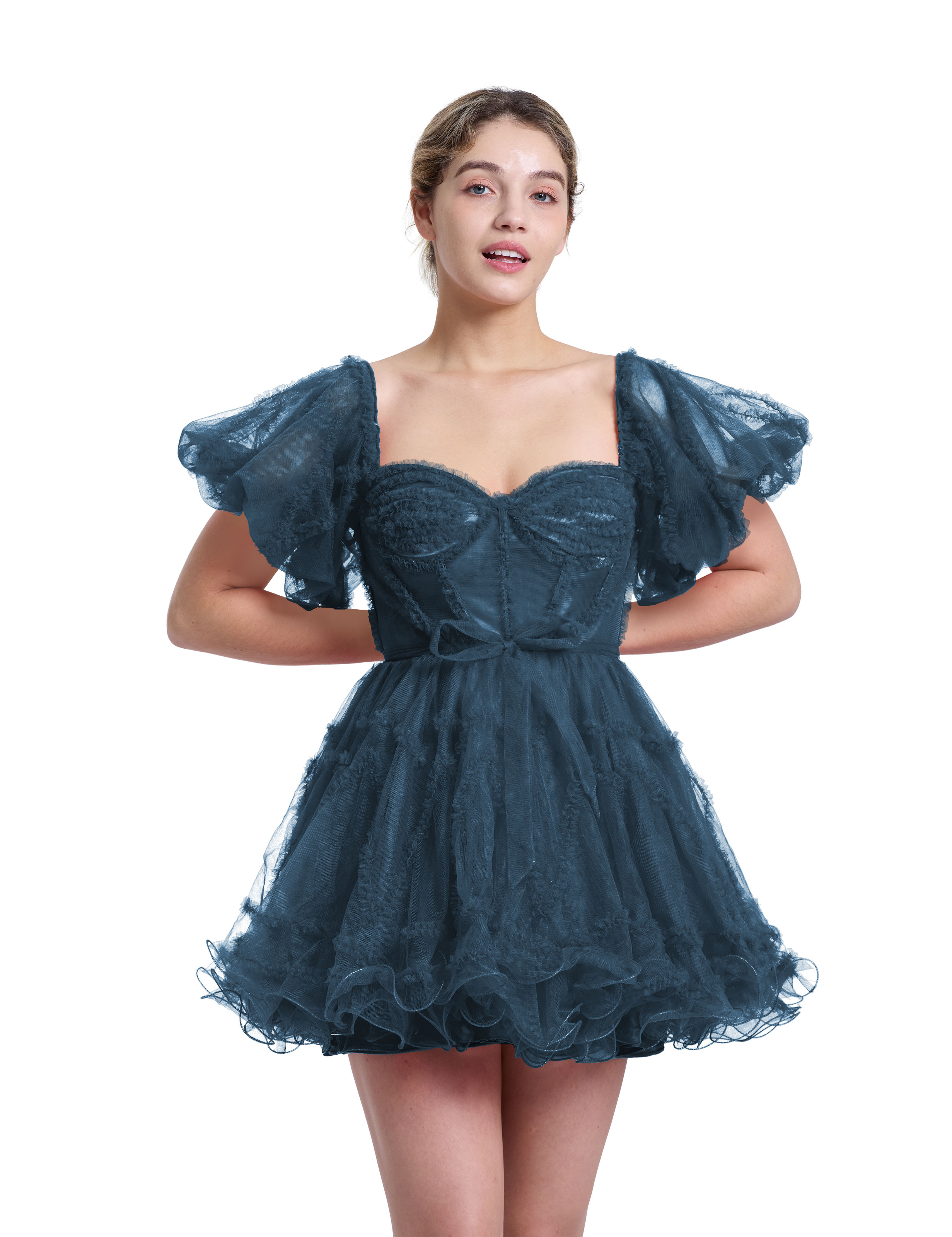 A-line Sweetheart Ruffles Tulle Puffy Sleeves Red Homecoming Dress #HC2401317