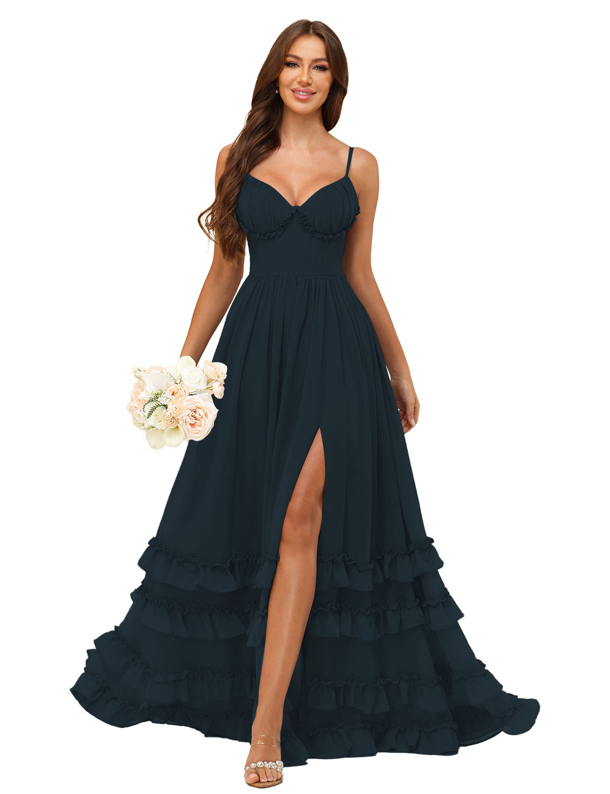 A-line Sweetheart Spaghetti Straps Chiffon Silt Ruffles Bridesmaid Dress #BM2507033