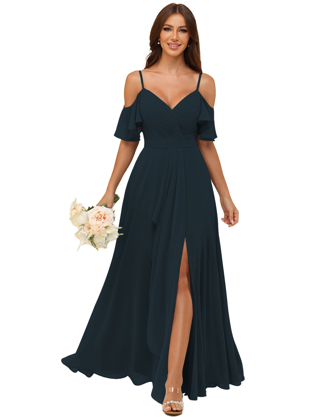 A-line V-neck Spaghetti Straps Chiffon Silt Bridesmaid Dress #BM2507214
