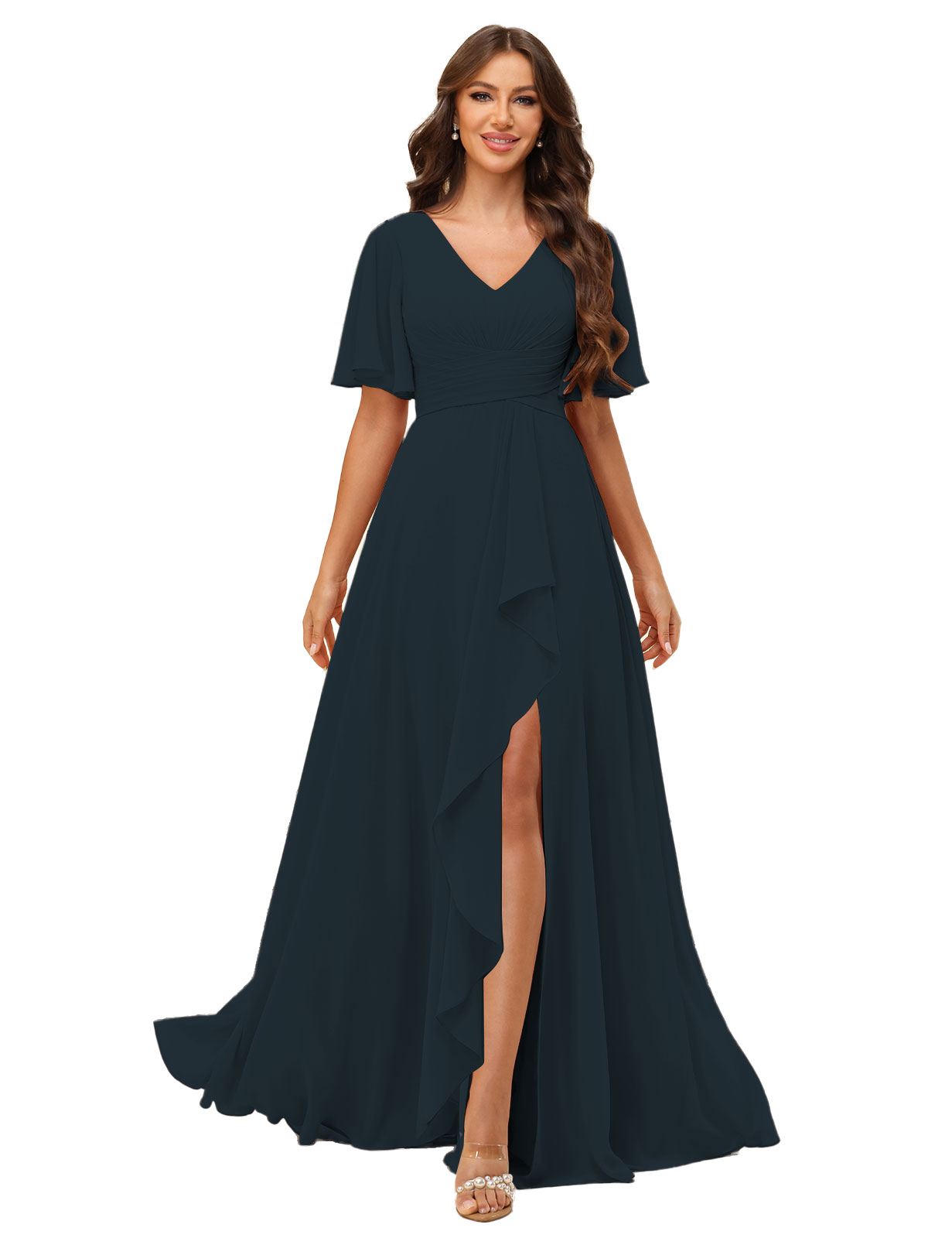 A-line V-neck Short Sleeves Chiffon Silt Bridesmaid Dress #BM2507137