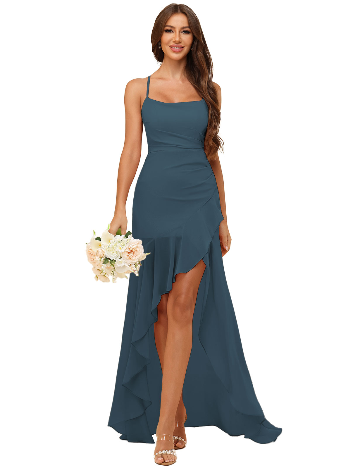 A-line Strapless Chiffon High Low Ruffles Bridesmaid Dress #BM2507148