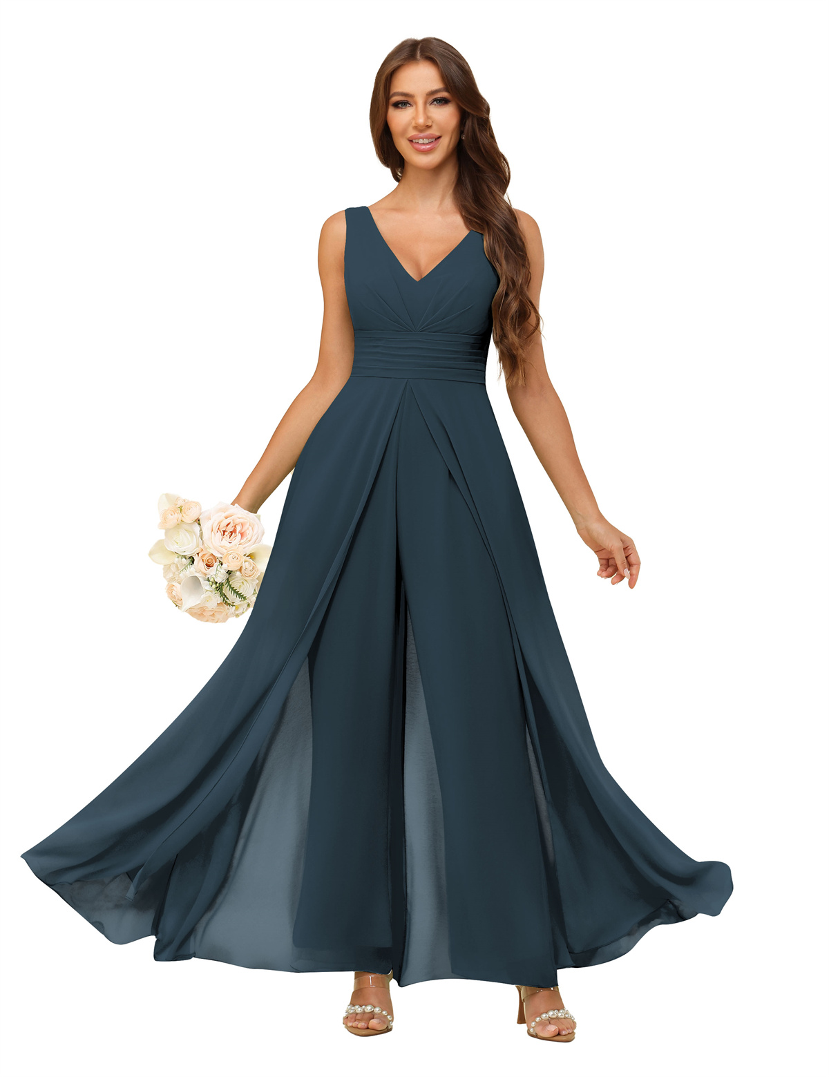A-line V-neck Chiffon Straps V-back Bridesmaid Dress #PR2507216